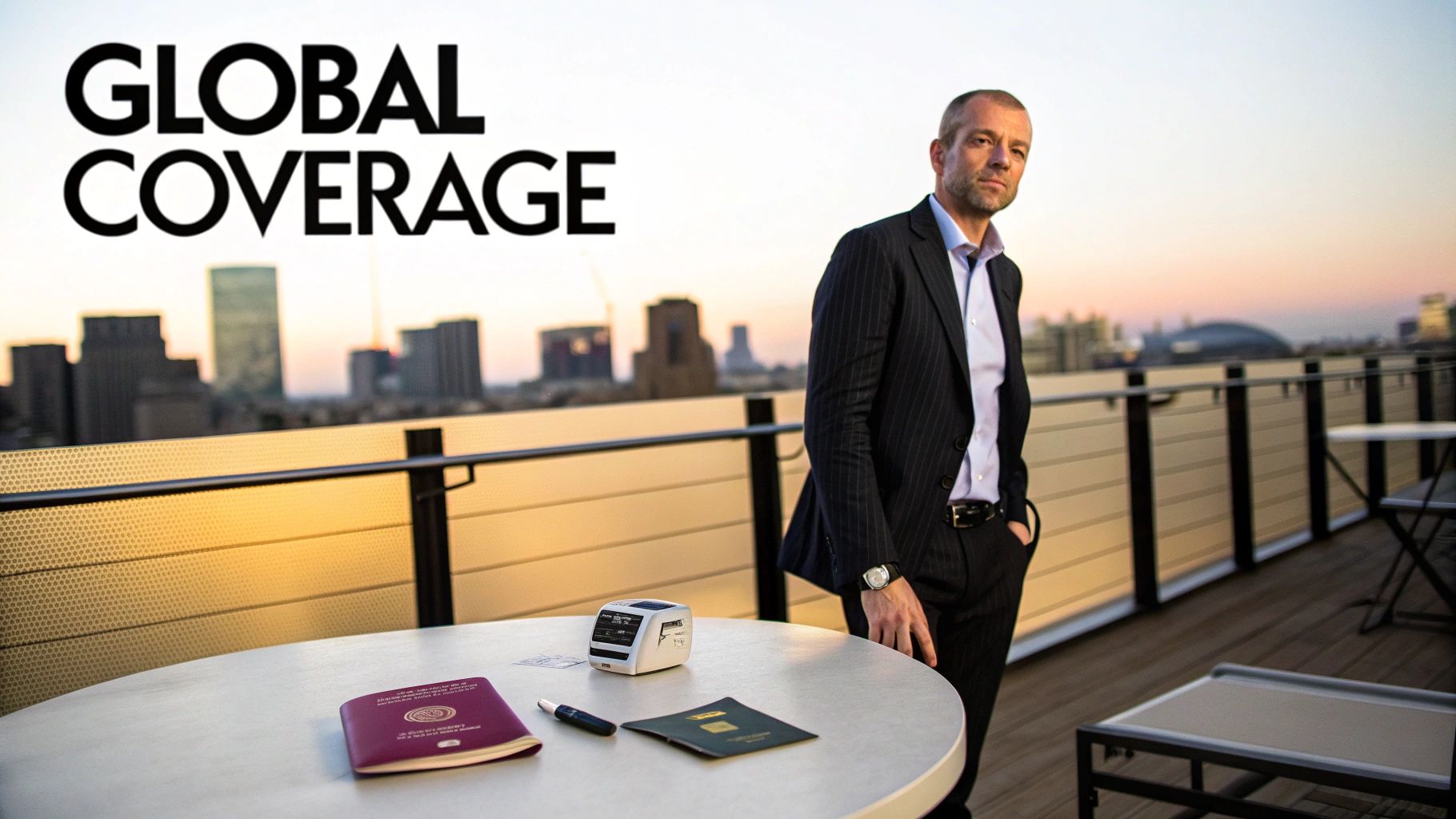 Man in suit on a rooftop with cityscape, passports, and 'GLOBAL COVERAGE' text, symbolizing global business.