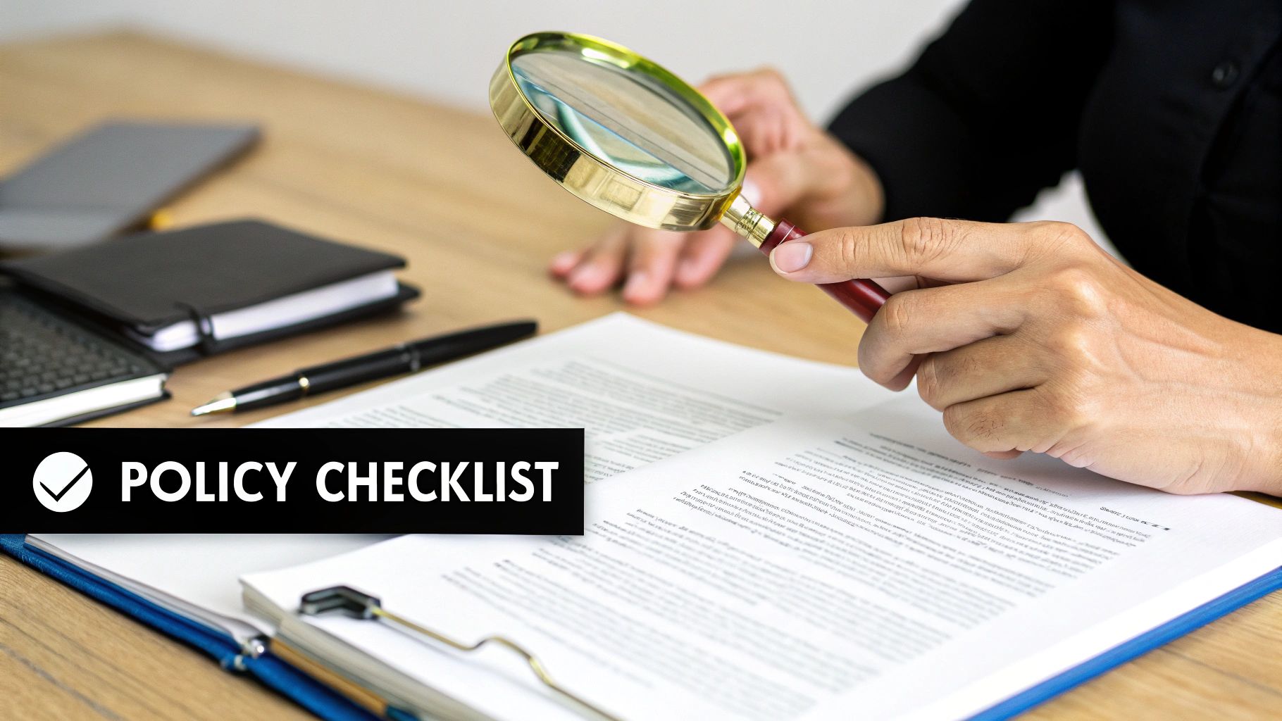 A person carefully reviewing an insurance policy document with a magnifying glass, symbolizing the act of navigating the fine print.