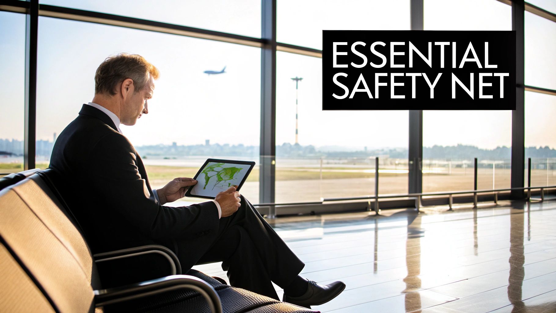 Businessman in a suit reviews a tablet in a sunlit airport lounge with an airplane outside, highlighting essential safety.