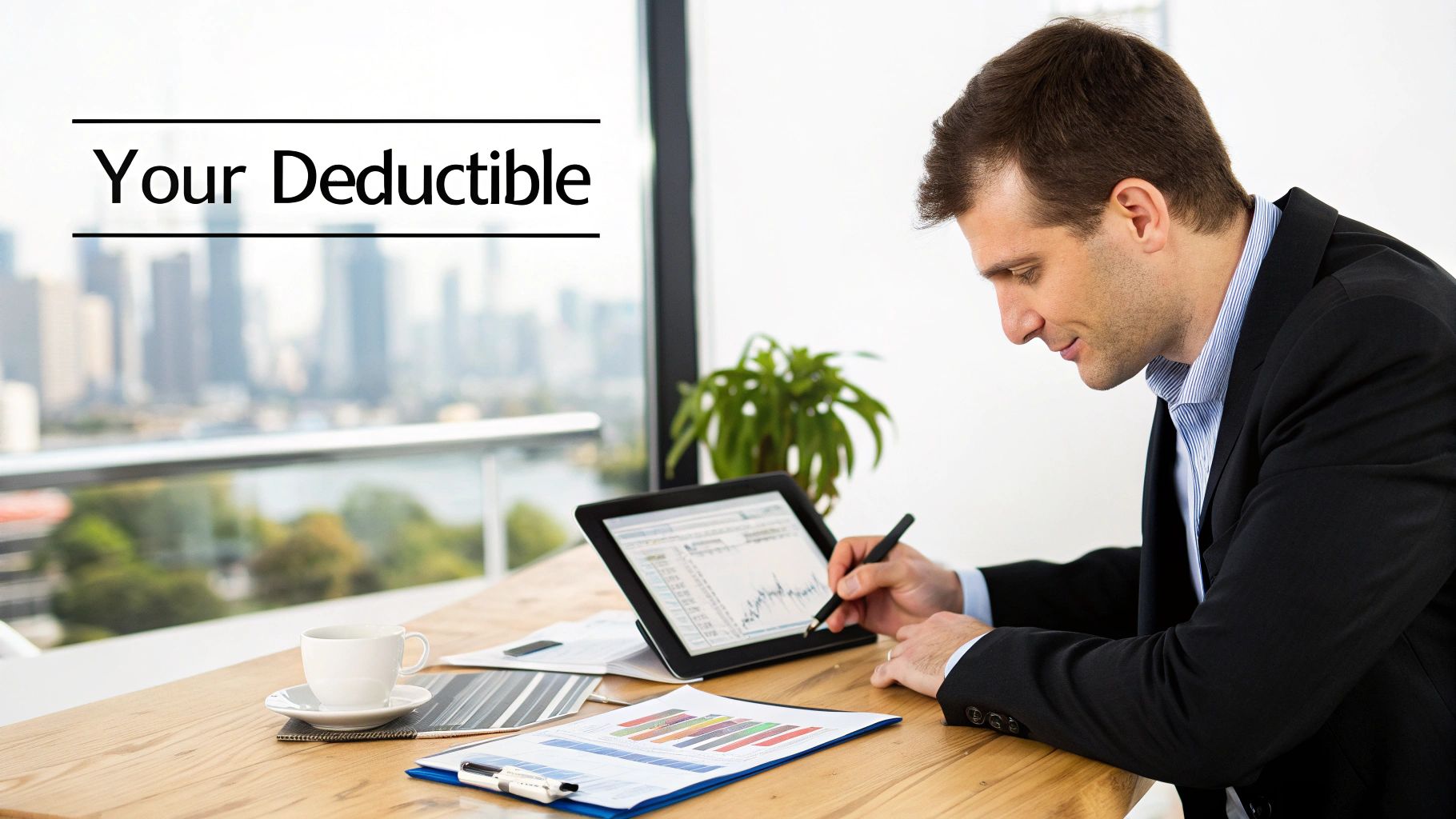 A businessman reviews financial data on a tablet, with a city skyline outside, and "Your Deductible" text.