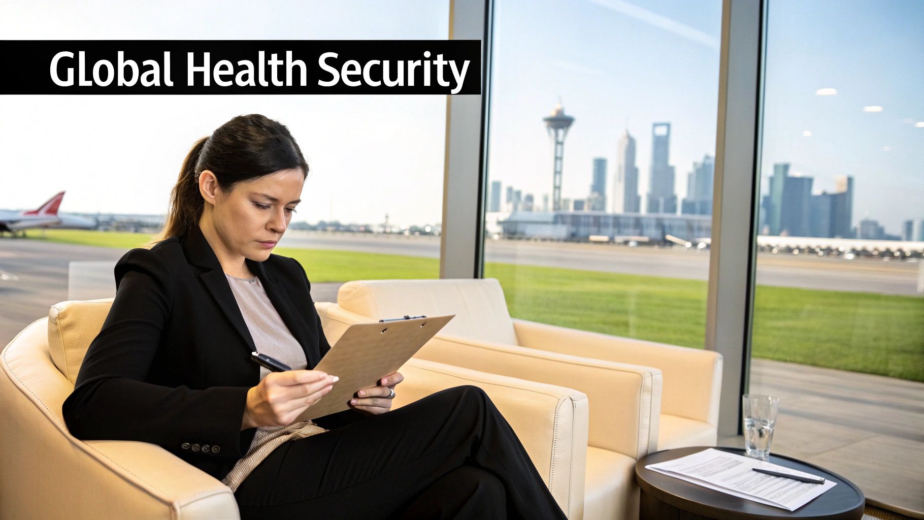 A doctor reviewing patient information on a tablet in a modern medical facility