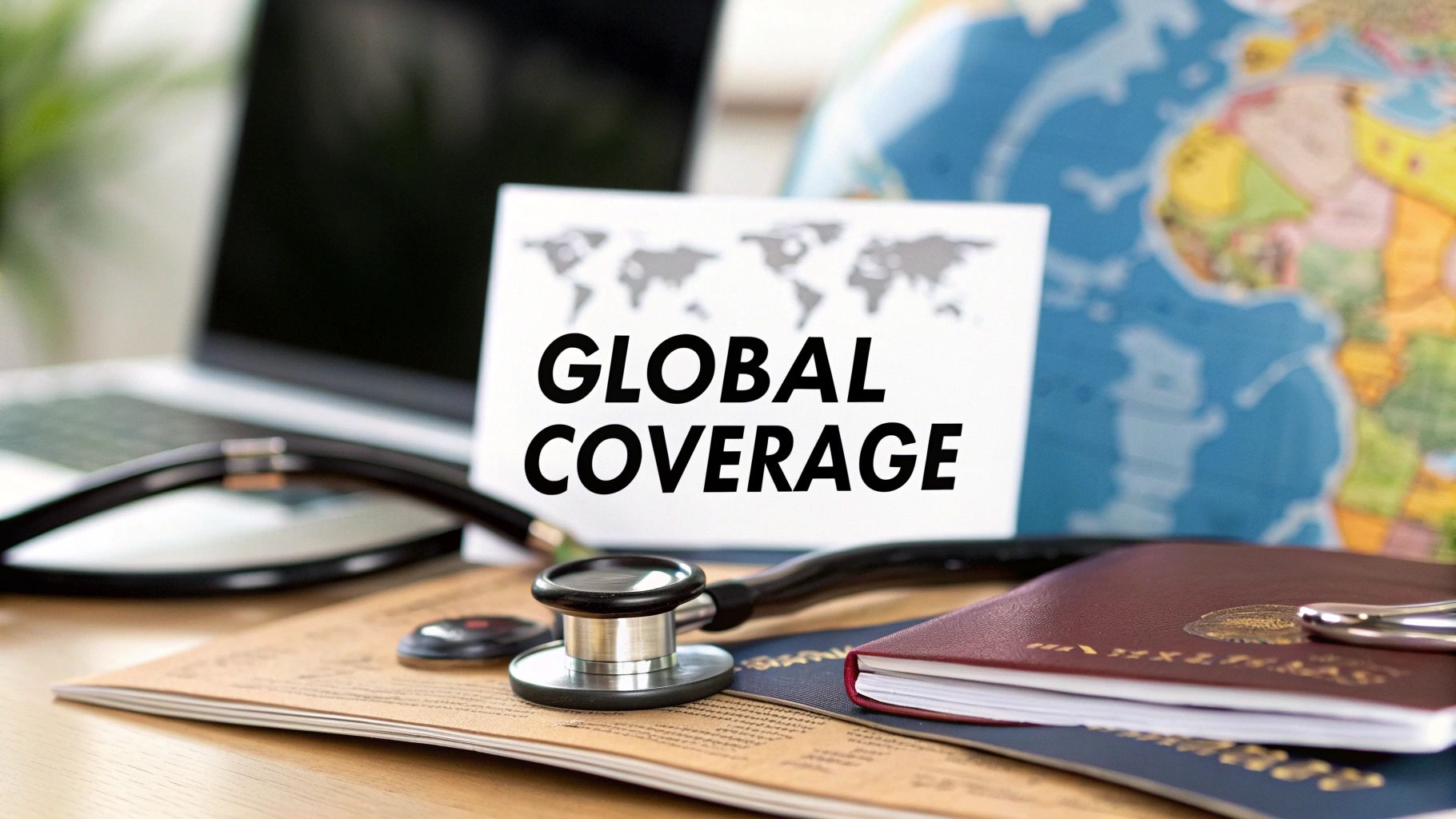 A stethoscope, passports, and a 'Global Coverage' card with a world map on a desk.