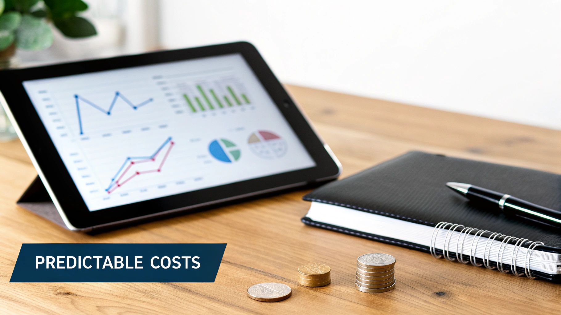 A tablet displays financial charts next to a notebook, pen, and stacks of coins, emphasizing predictable costs.