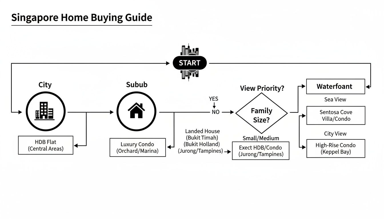 Flowchart illustrating a Singapore home buying guide, detailing property types, locations, and decision criteria.