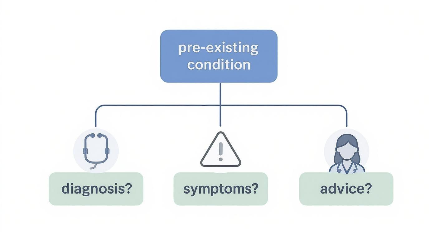 Flowchart showing pre-existing condition branching into diagnosis, symptoms, and advice options with medical icons