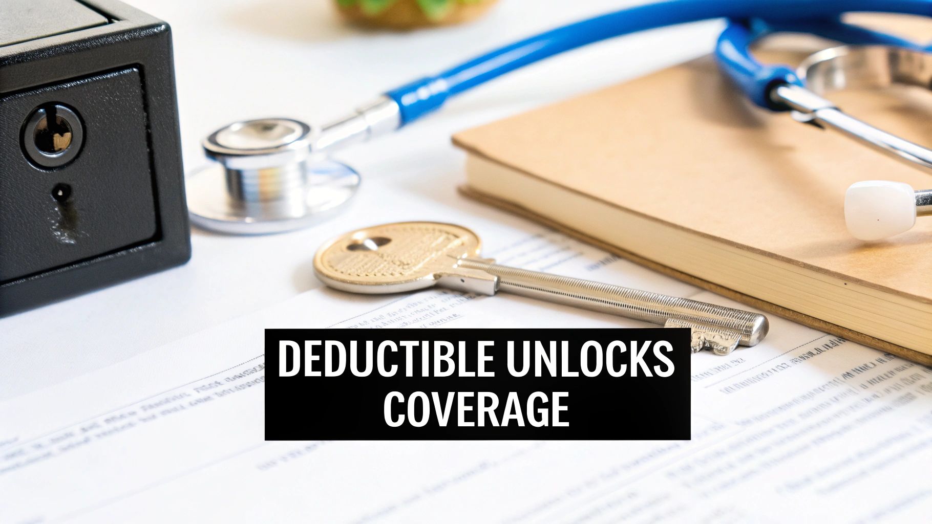 A key unlocking a safe, with a stethoscope and documents, illustrating health insurance deductible.