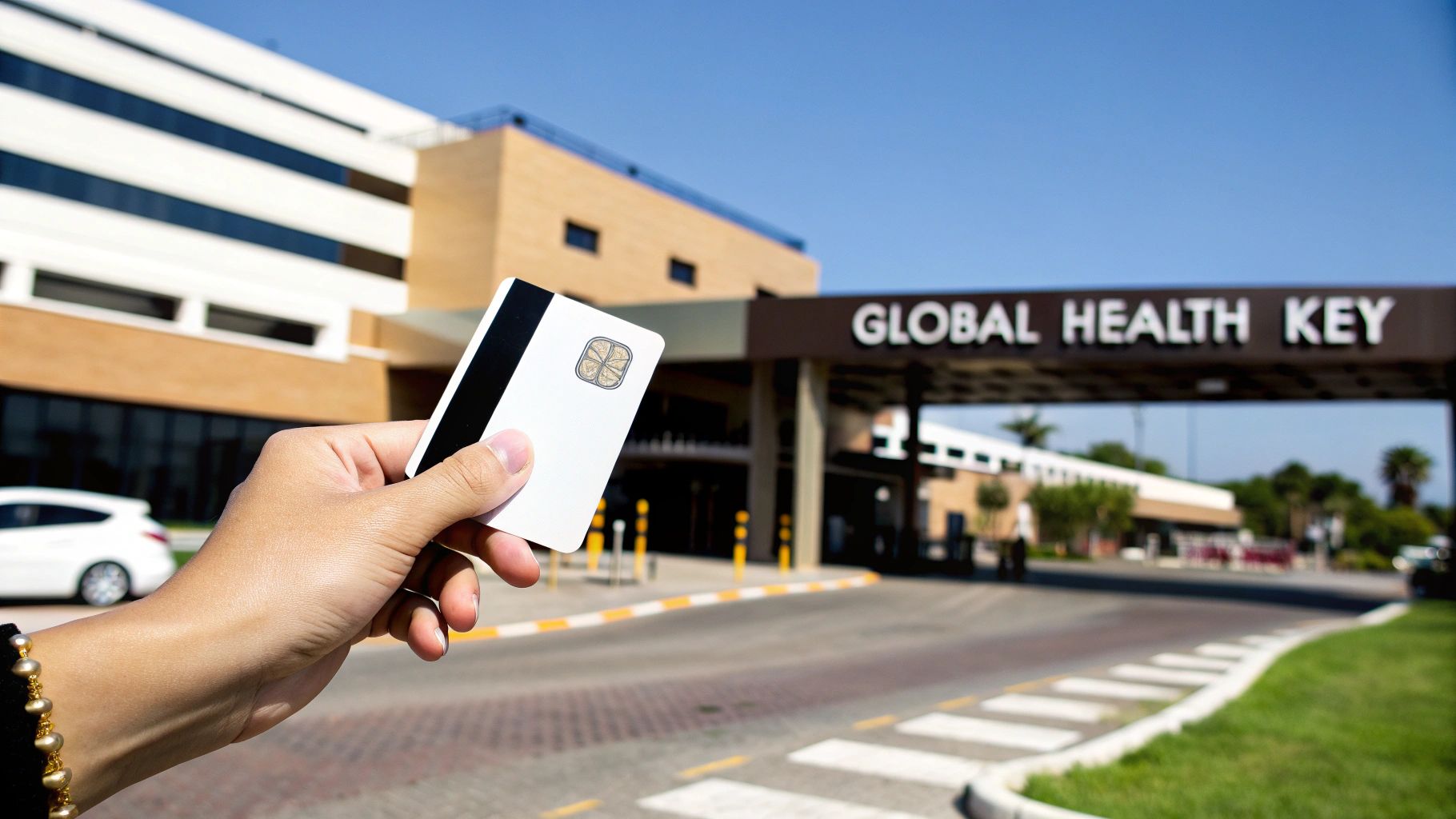 A hand holds a health card with a chip in front of a building entrance with a "Global Health Key" sign.