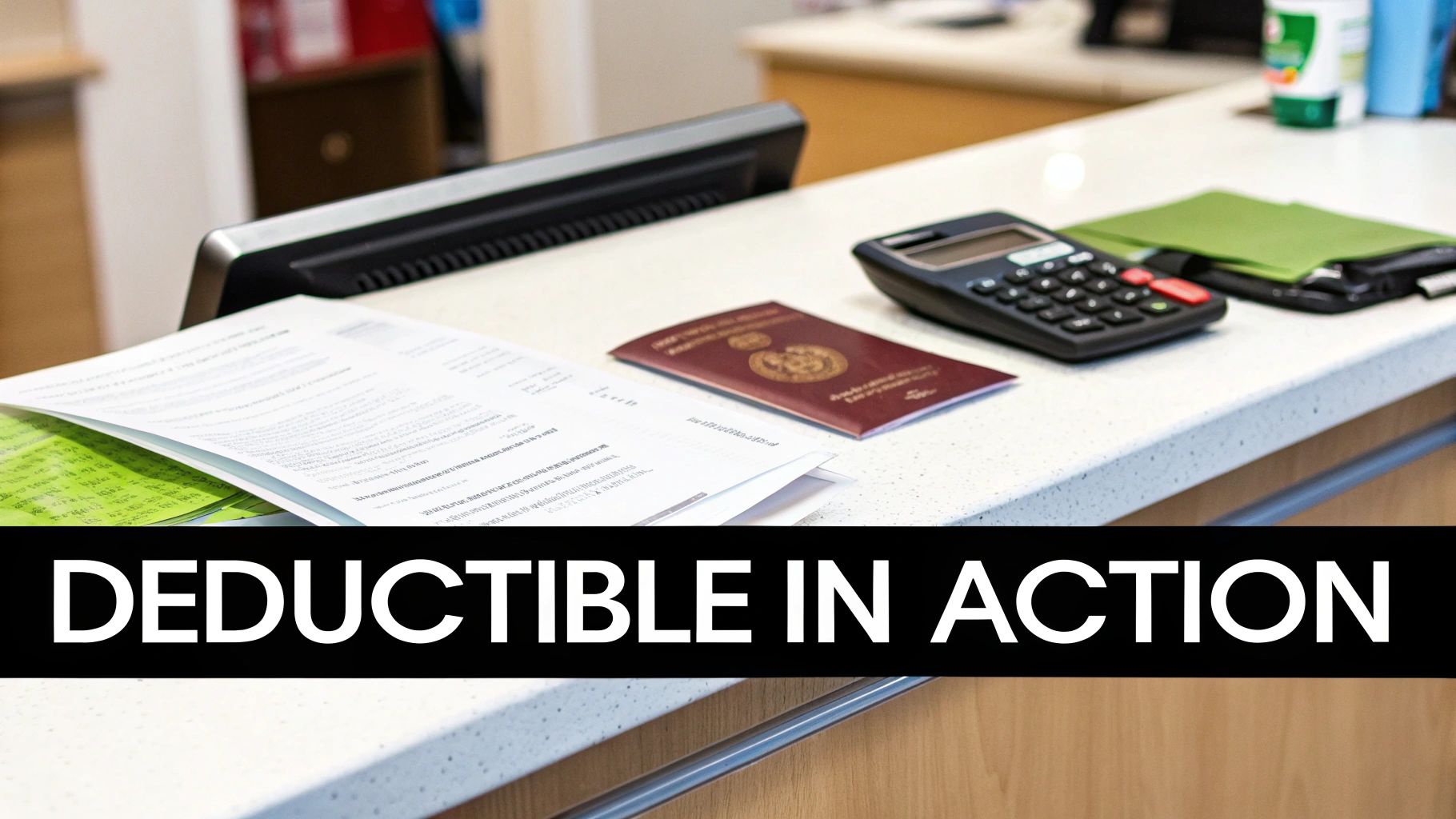 A desk with documents, a calculator, a passport, and a wallet, illustrating 'DEDUCTIBLE IN ACTION'.