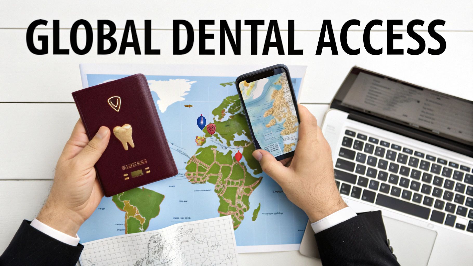 Hands hold a passport with a tooth icon and a smartphone on a world map, symbolizing global dental access.
