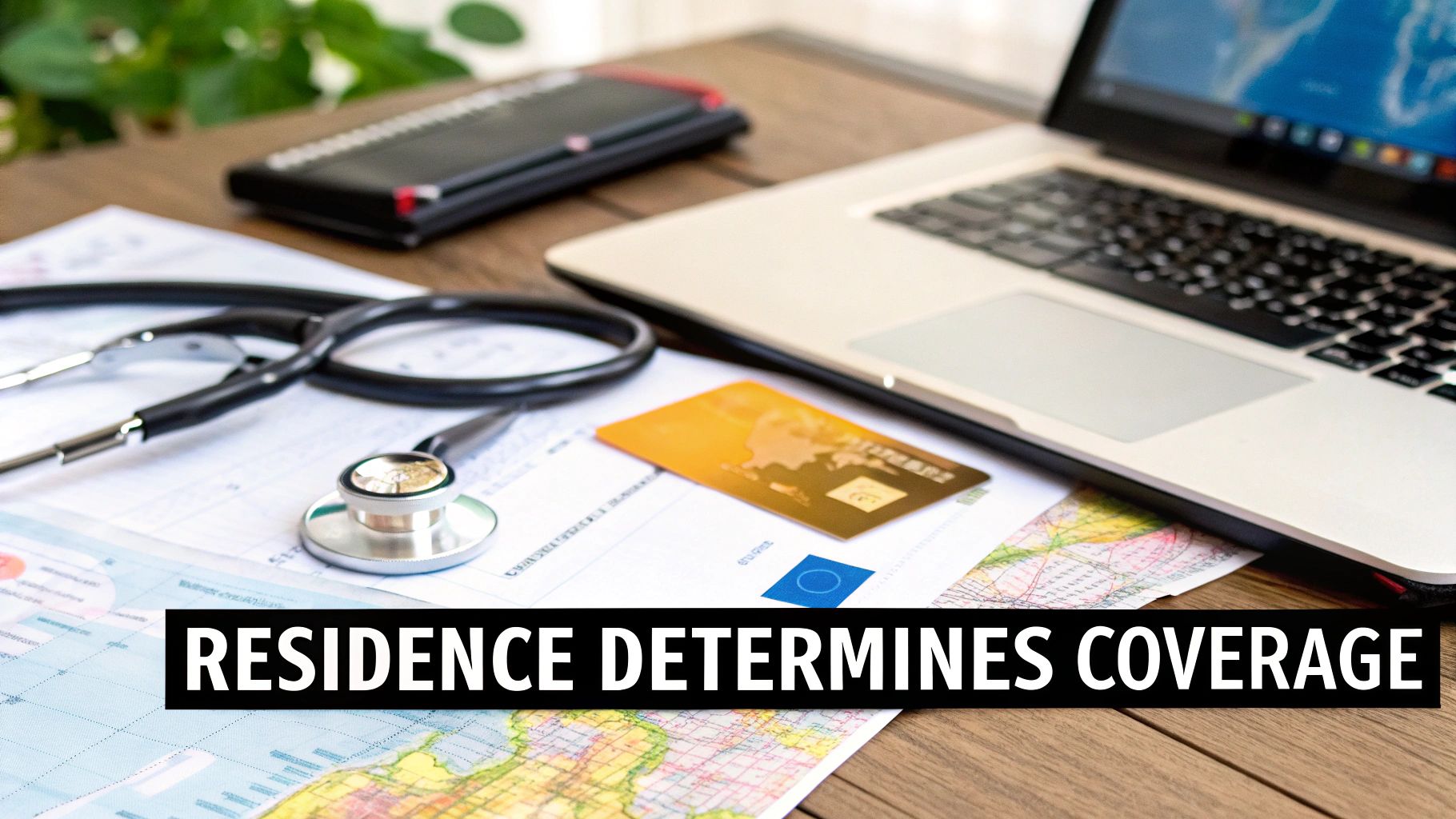 A stethoscope, credit card, map, and laptop on a desk with text: 'RESIDENCE DETERMINES COVERAGE'.