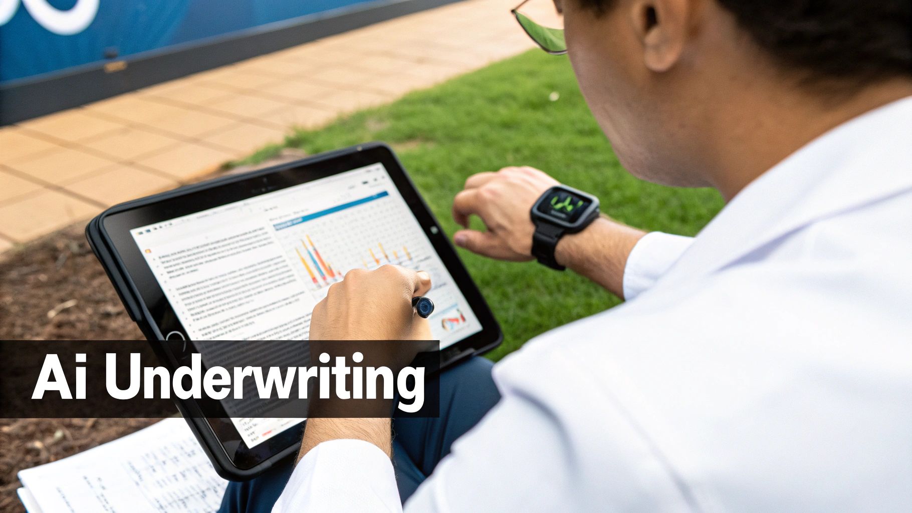 A person outdoors using a tablet with a stylus, analyzing charts and data, with 'Ai Underwriting' text overlay.