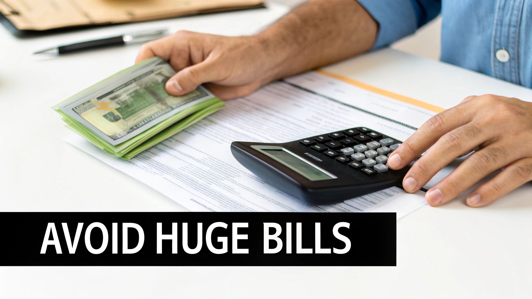 A person calculates expenses with a calculator while holding a stack of money, emphasizing financial management.