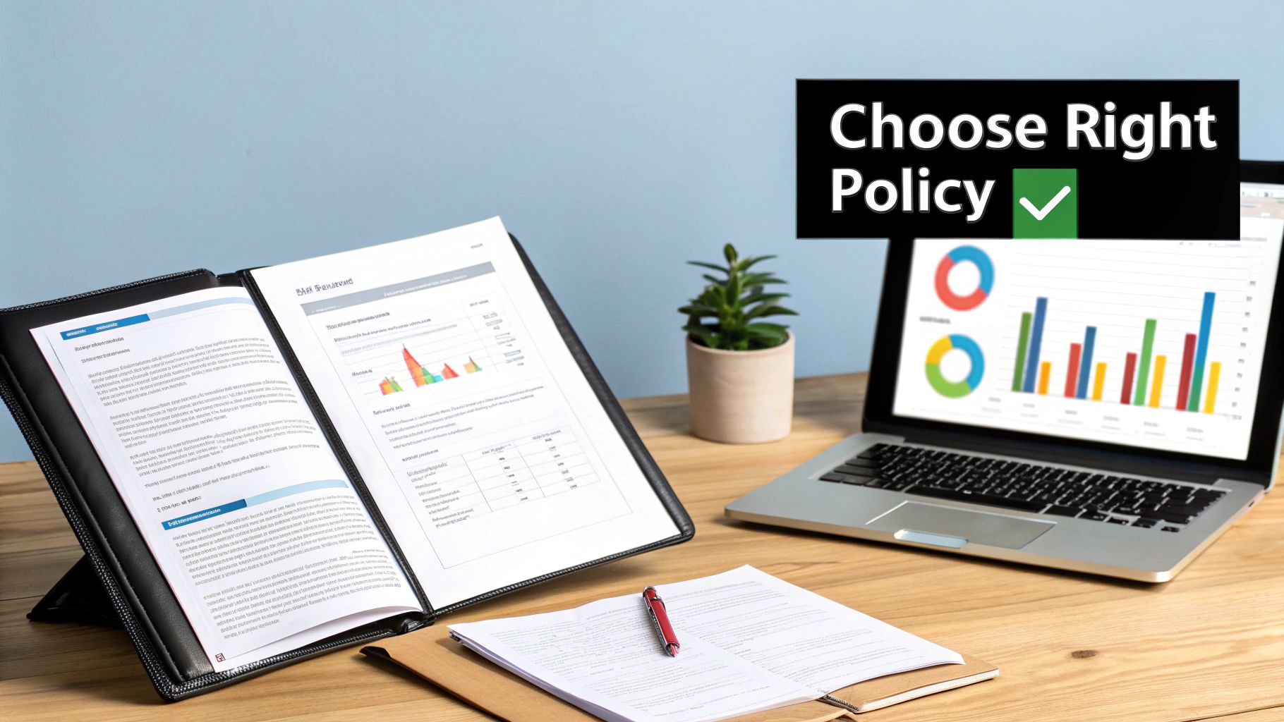 A person sitting at a desk, carefully reviewing insurance documents on a laptop with a pen in hand.