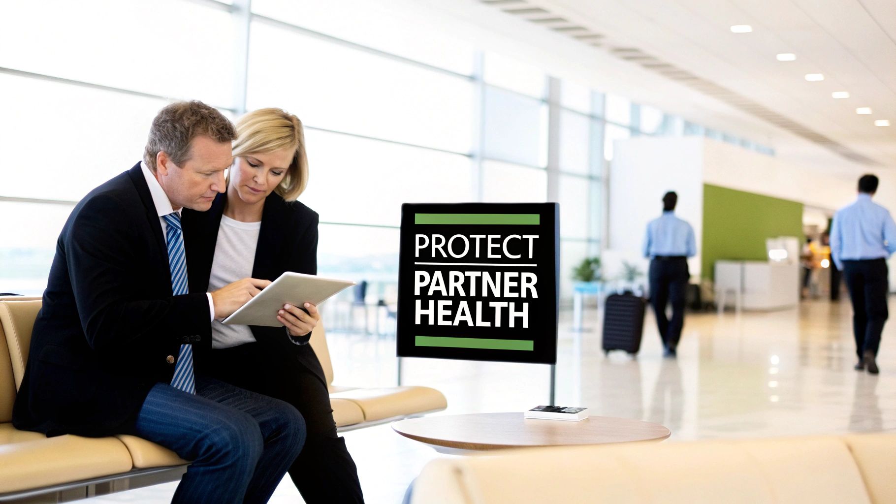 Two business partners discussing on a tablet next to a 'PROTECT PARTNER HEALTH' sign in an airport lounge.