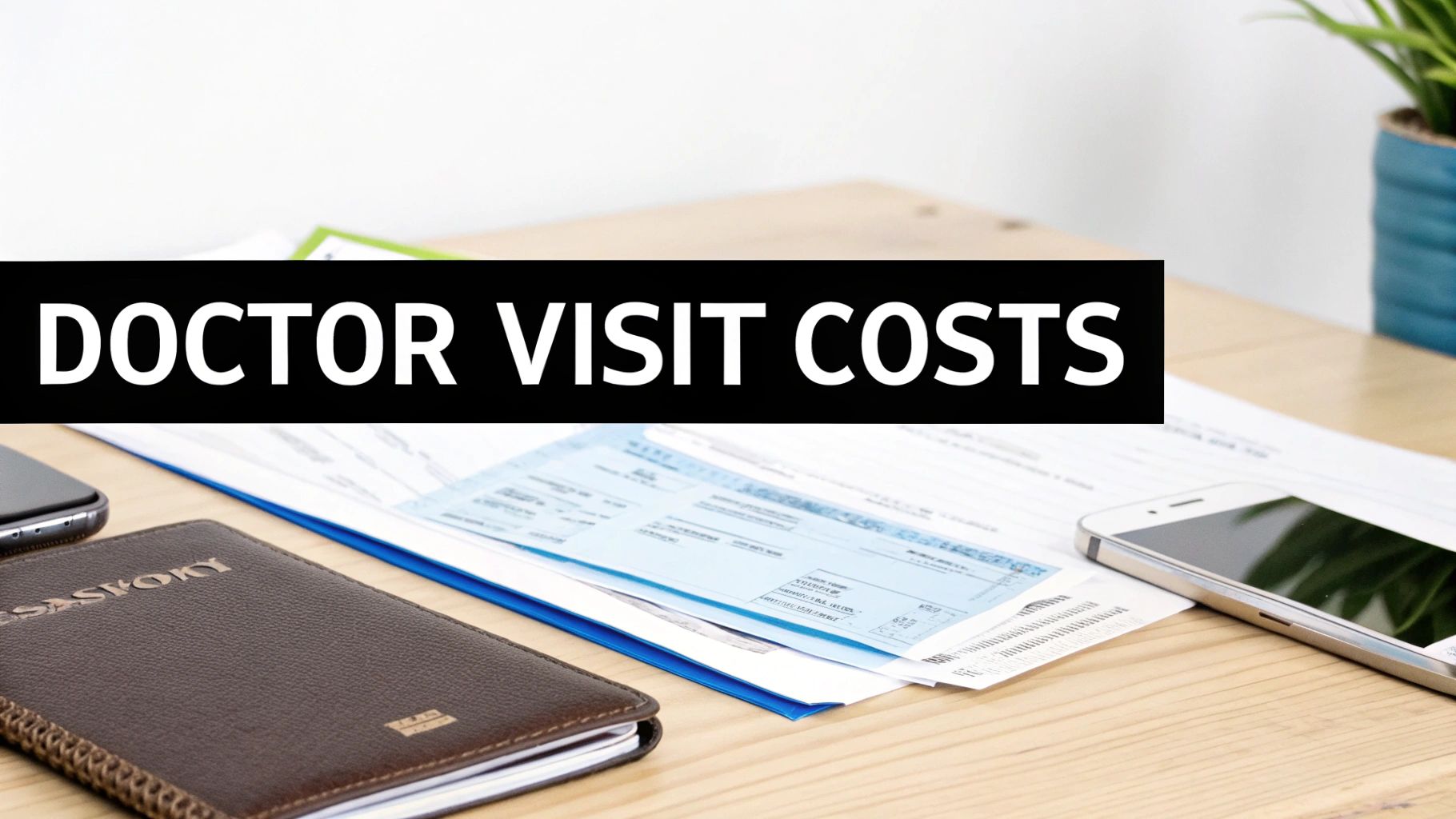 White text 'DOCTOR VISIT COSTS' on a black banner, with a passport, phone, and bills on a desk.