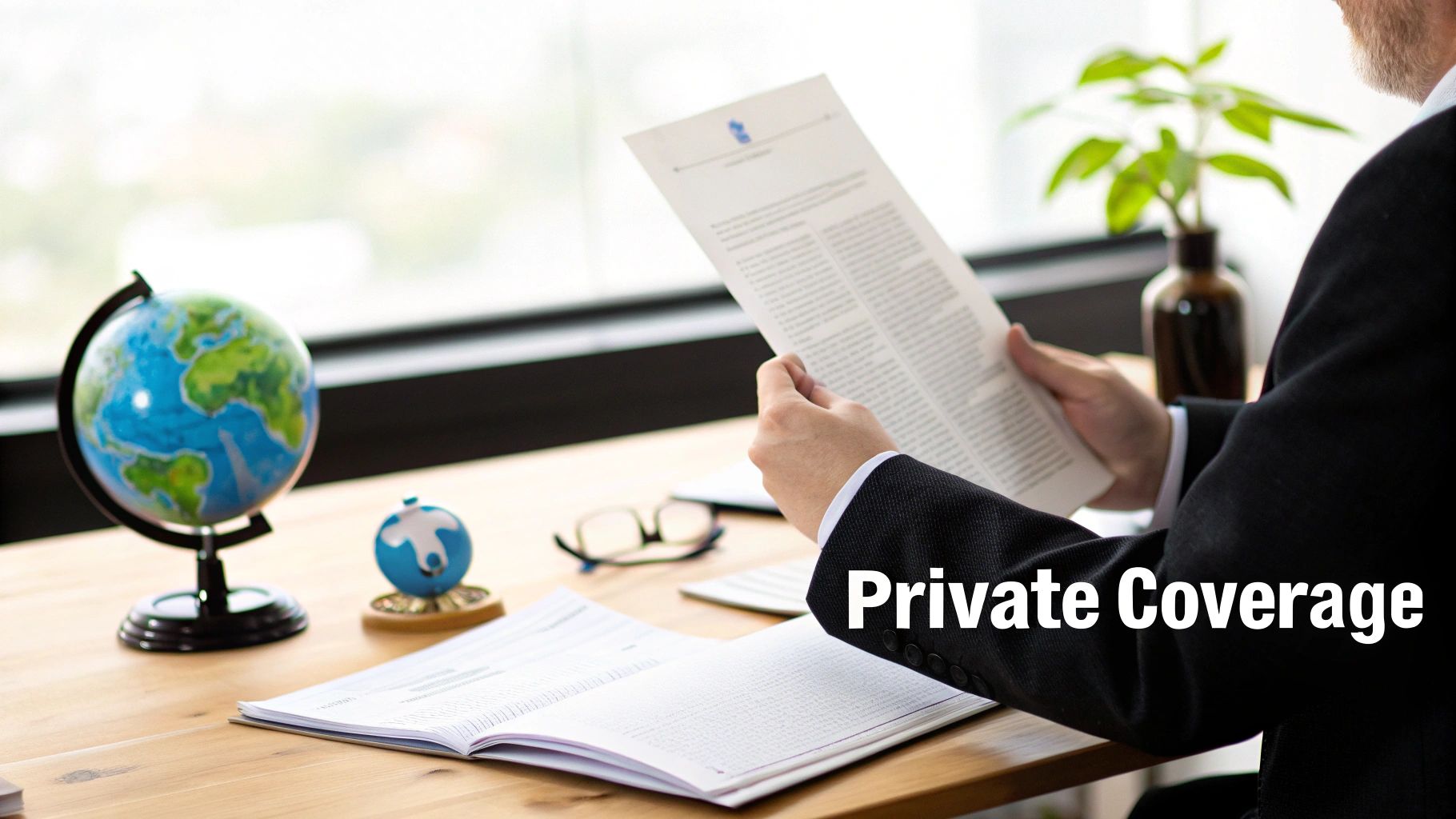 A person in a suit reads a document, on a desk with globes, illustrating private coverage.
