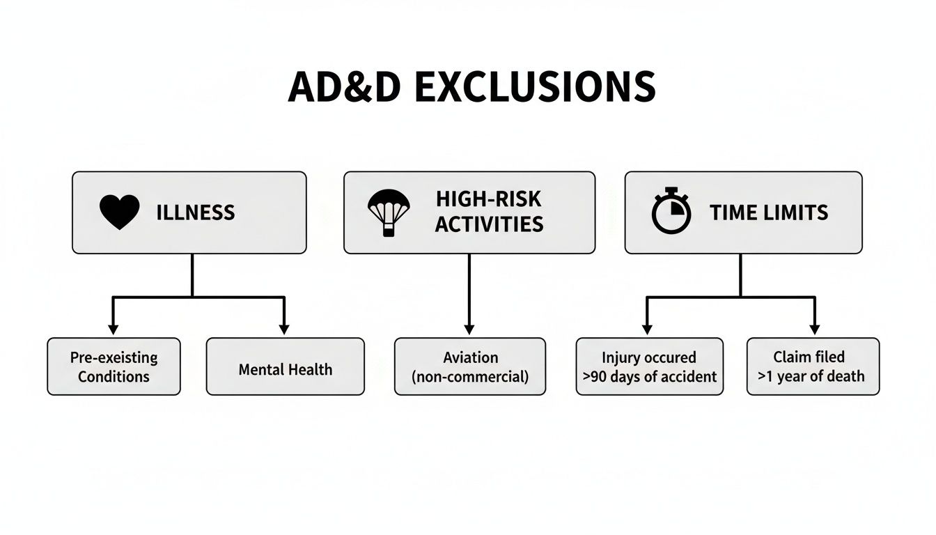 Diagram illustrating AD&D insurance exclusions, including illness, high-risk activities, and time limits for claims.