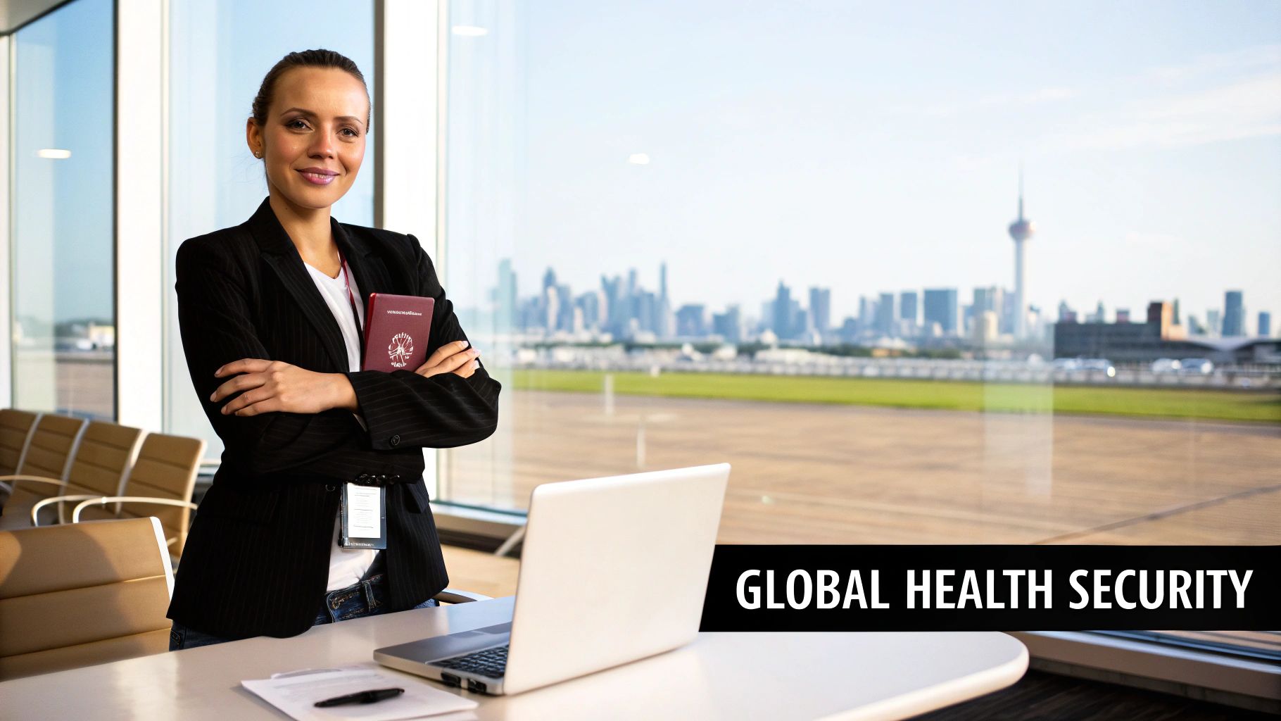 A professional woman holding a passport in an airport lounge, with a laptop and city skyline, global health security.