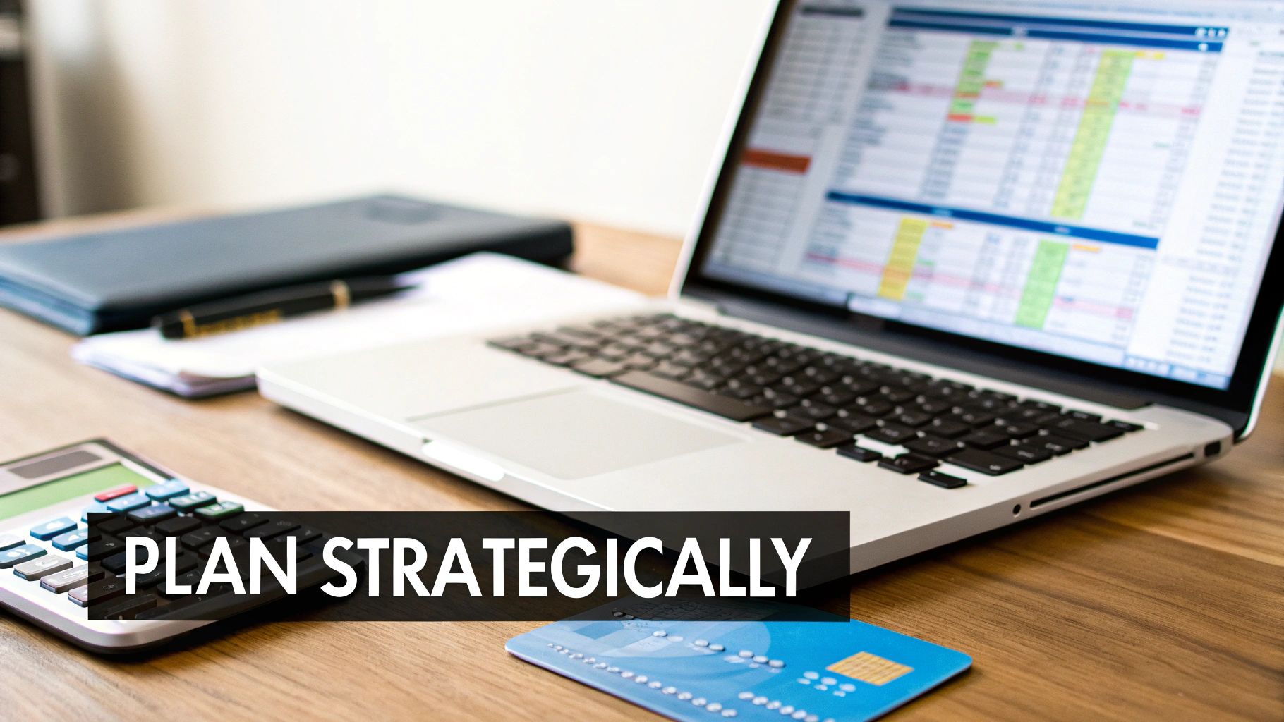 A desk with a laptop displaying a spreadsheet, a calculator, a notebook, a pen, and a credit card, highlighting strategic financial planning.