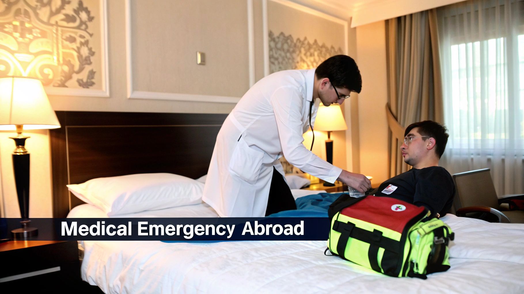 A doctor in a white coat tends to a patient lying on a bed in a hotel room, indicating a medical emergency abroad.