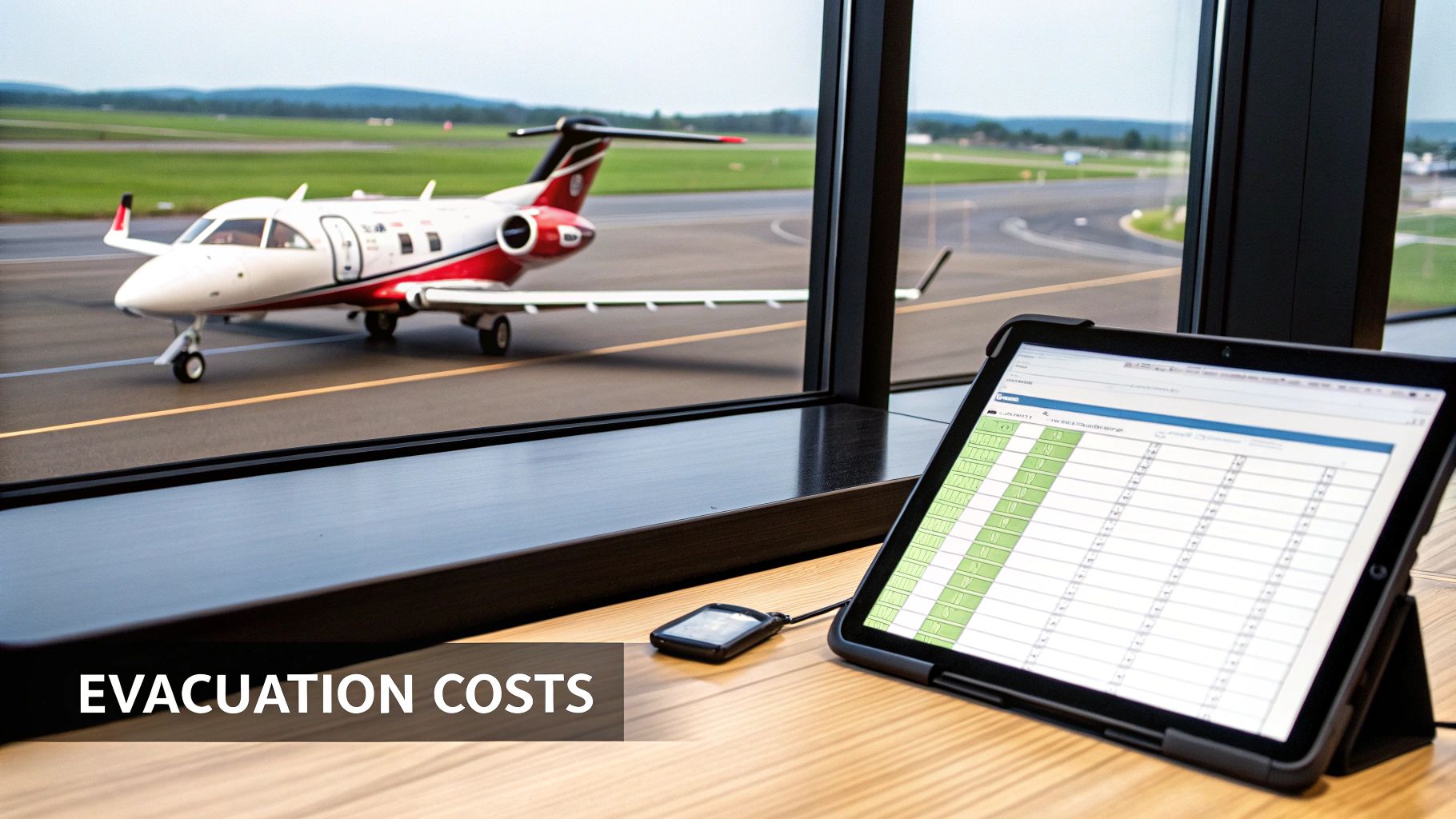 A private jet at an airport tarmac, with a tablet displaying data and 'Evacuation Costs' text overlay.