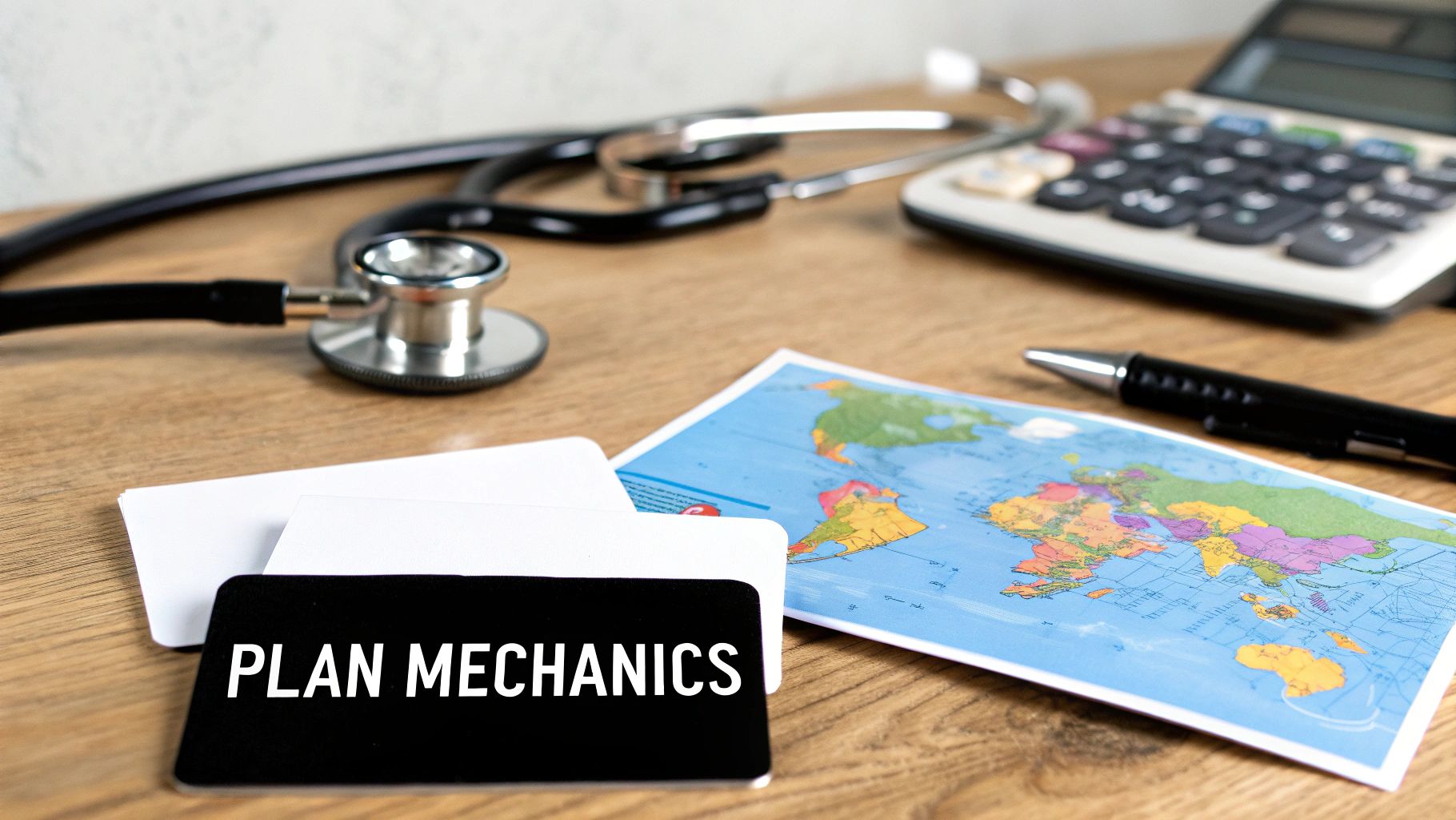 Close-up of a wooden desk with a stethoscope, calculator, world map, and 'PLAN MECHANICS' card.