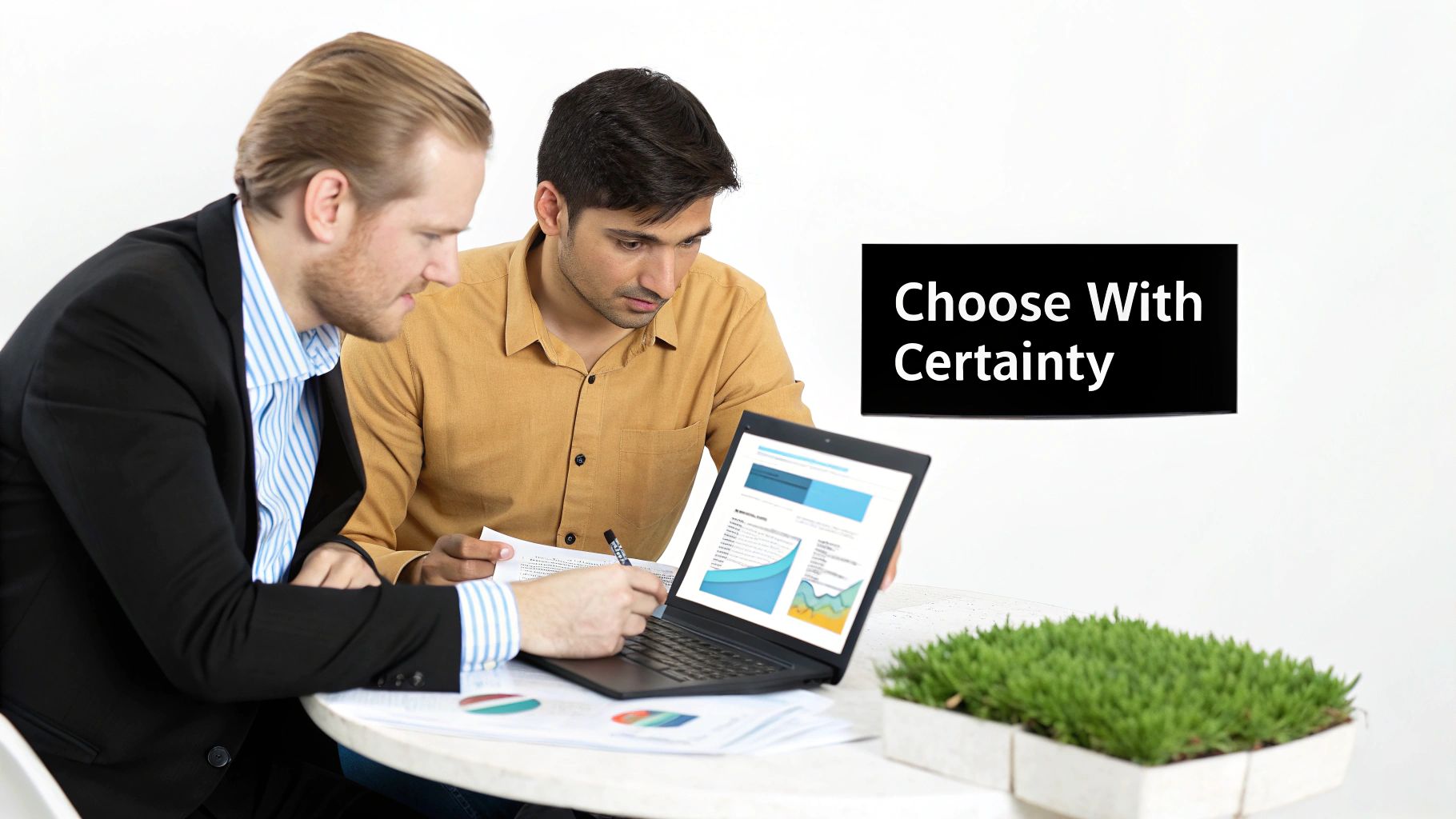 Two businessmen intently analyze financial data on a laptop, making informed decisions with certainty.