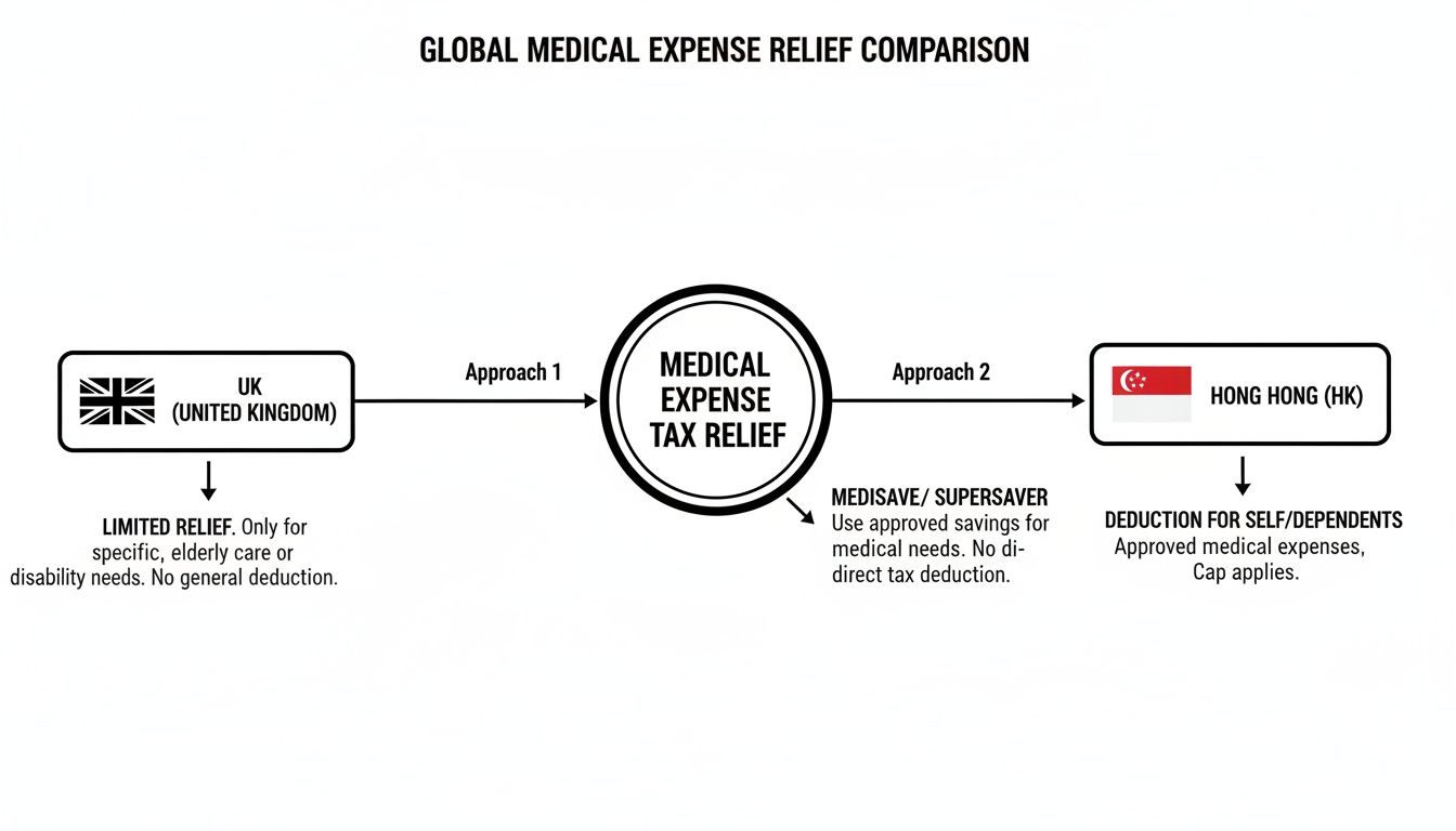 Flowchart comparing global medical expense relief approaches across the UK, Singapore, and Hong Kong.