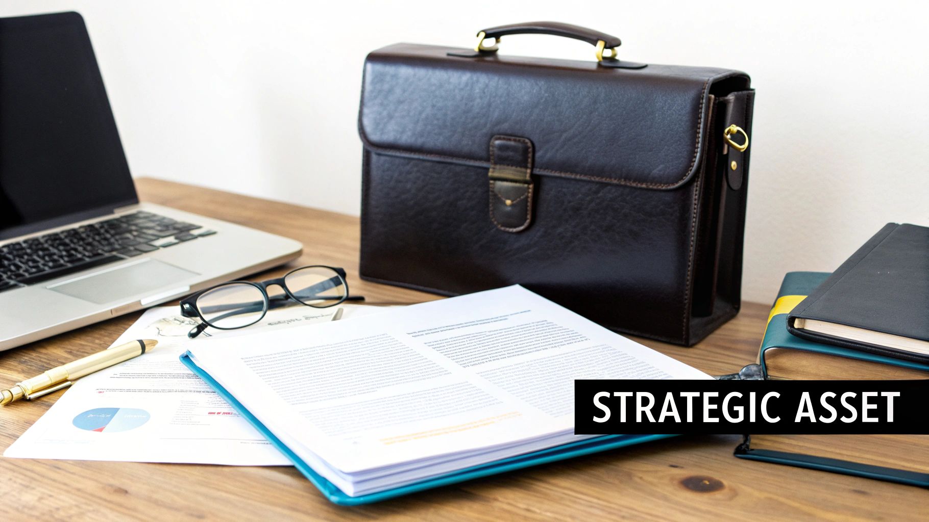 A professional office desk setup with a laptop, brown briefcase, documents, glasses, and books.