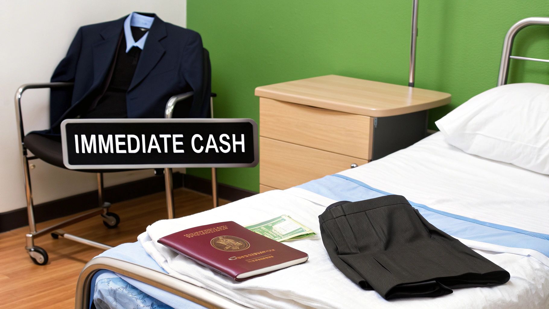 A hospital room setup with a suit, passport, cash, and an "IMMEDIATE CASH" sign.