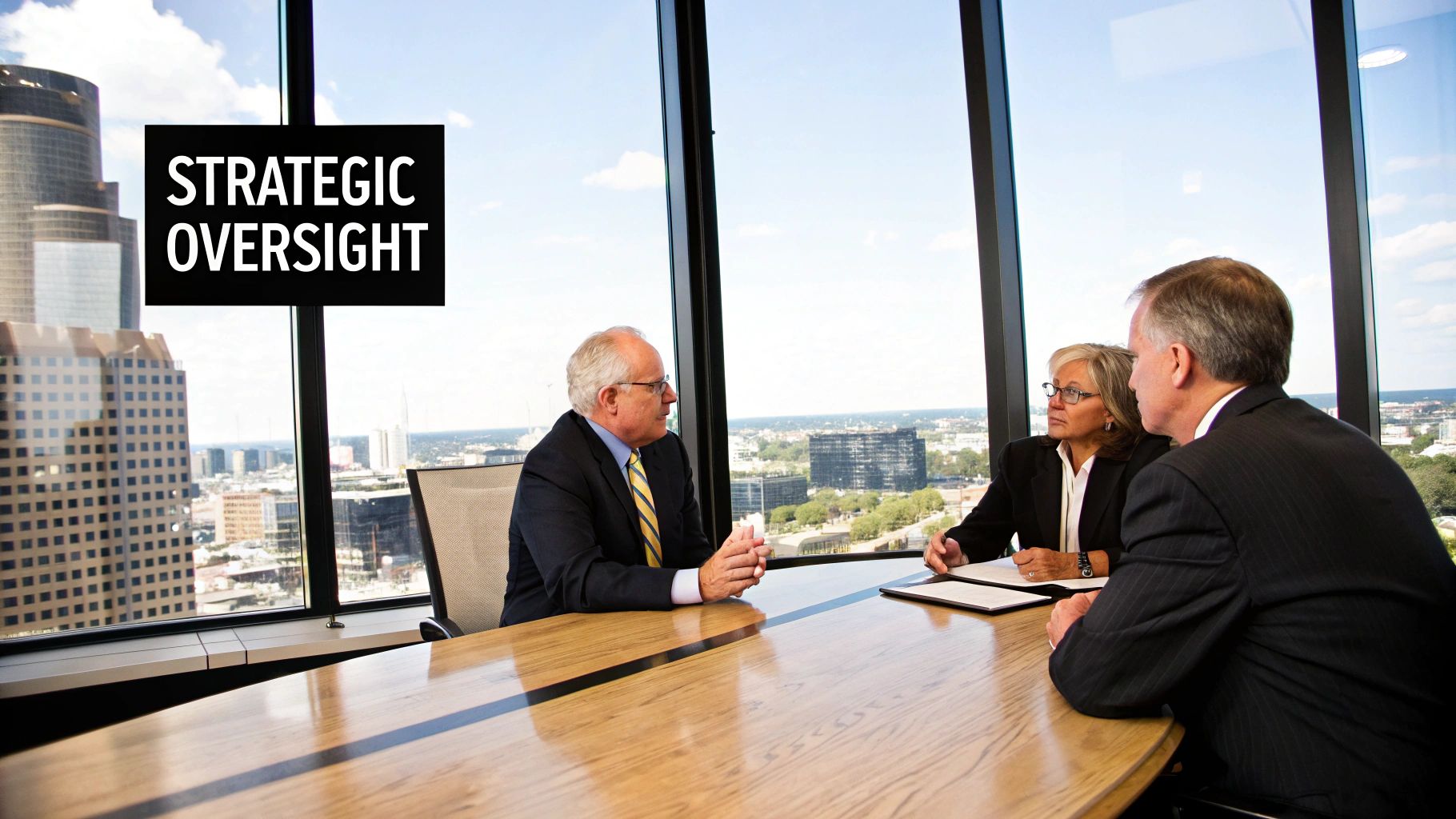 A group of high-level executives in a modern boardroom, representing the strategic oversight of private equity partners.