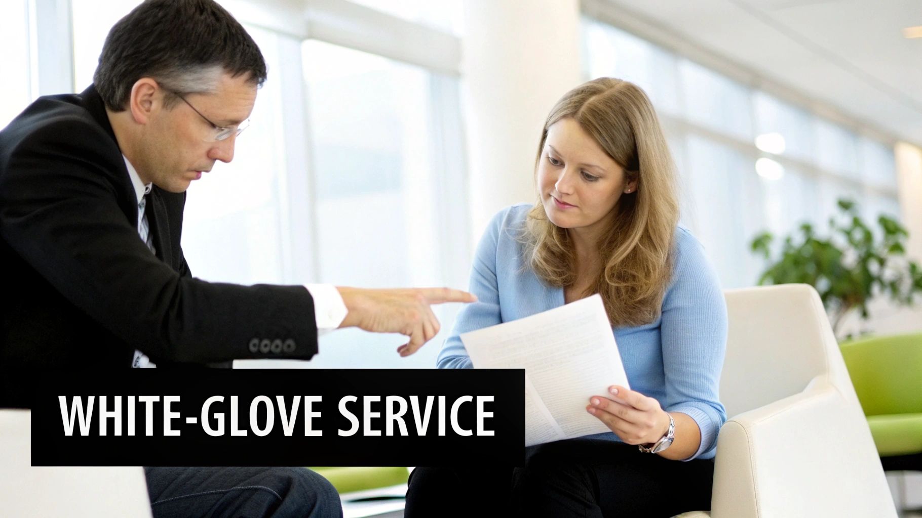 A man in a suit points to a document held by a woman in a blue top during a client meeting.
