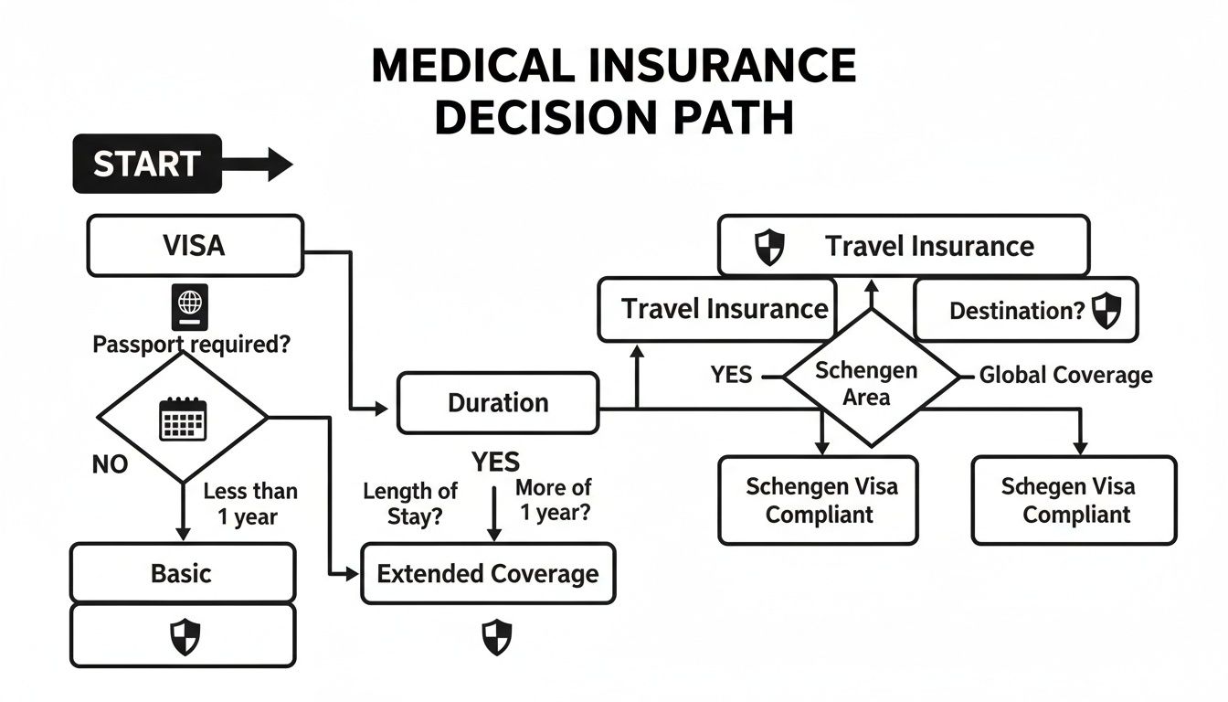 A flowchart detailing the medical insurance decision path based on visa, duration, and destination.