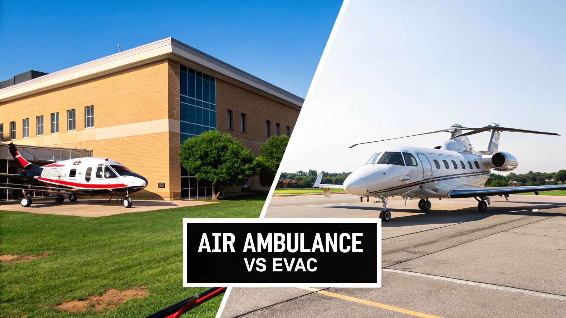 Split image contrasting a medical transport plane near a hospital with a private jet on a tarmac, titled 'Air Ambulance vs Evac'.