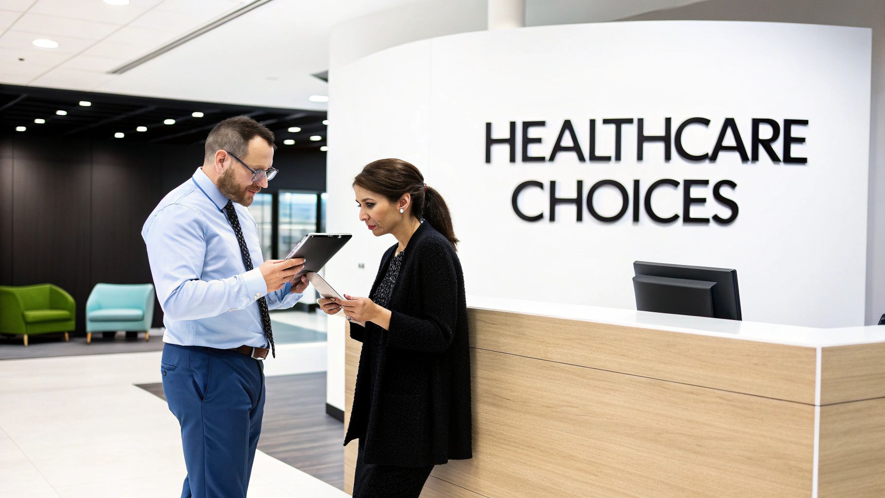 Healthcare professionals discussing patient insurance options at modern medical facility reception desk