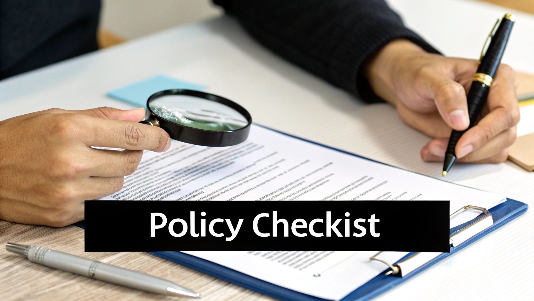 Hands reviewing a policy checklist document with a magnifying glass and a pen on a desk.
