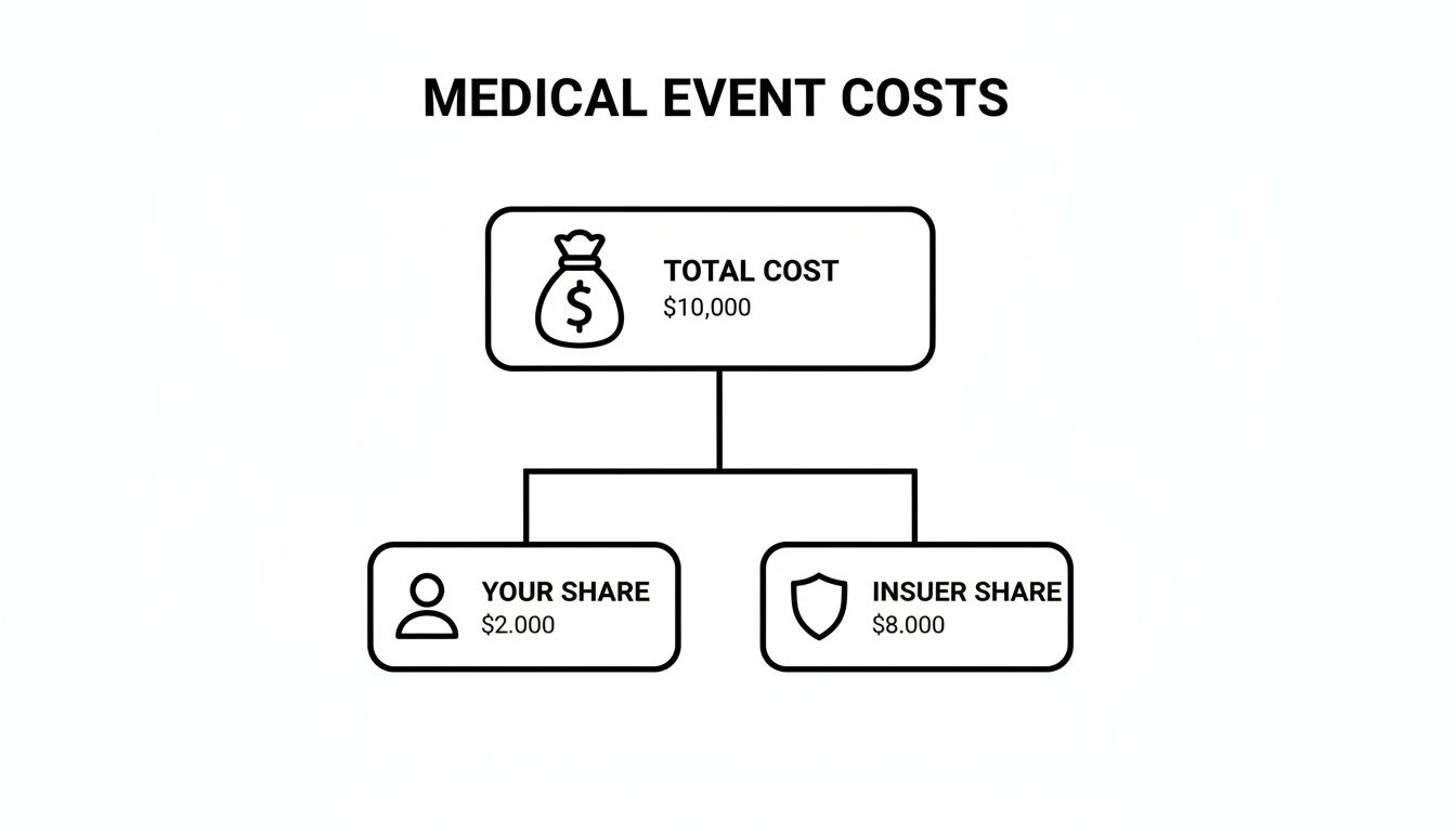 Diagram illustrating medical event cost sharing: $10,000 total, with $2,000 patient share and $8,000 insurer share.