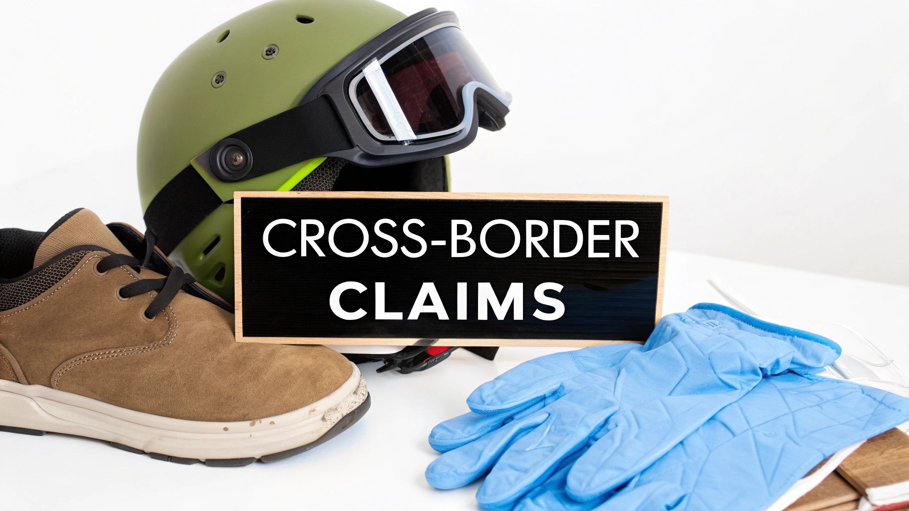 Military helmet, shoes, and blue gloves next to a sign reading 'CROSS-BORDER CLAIMS'.