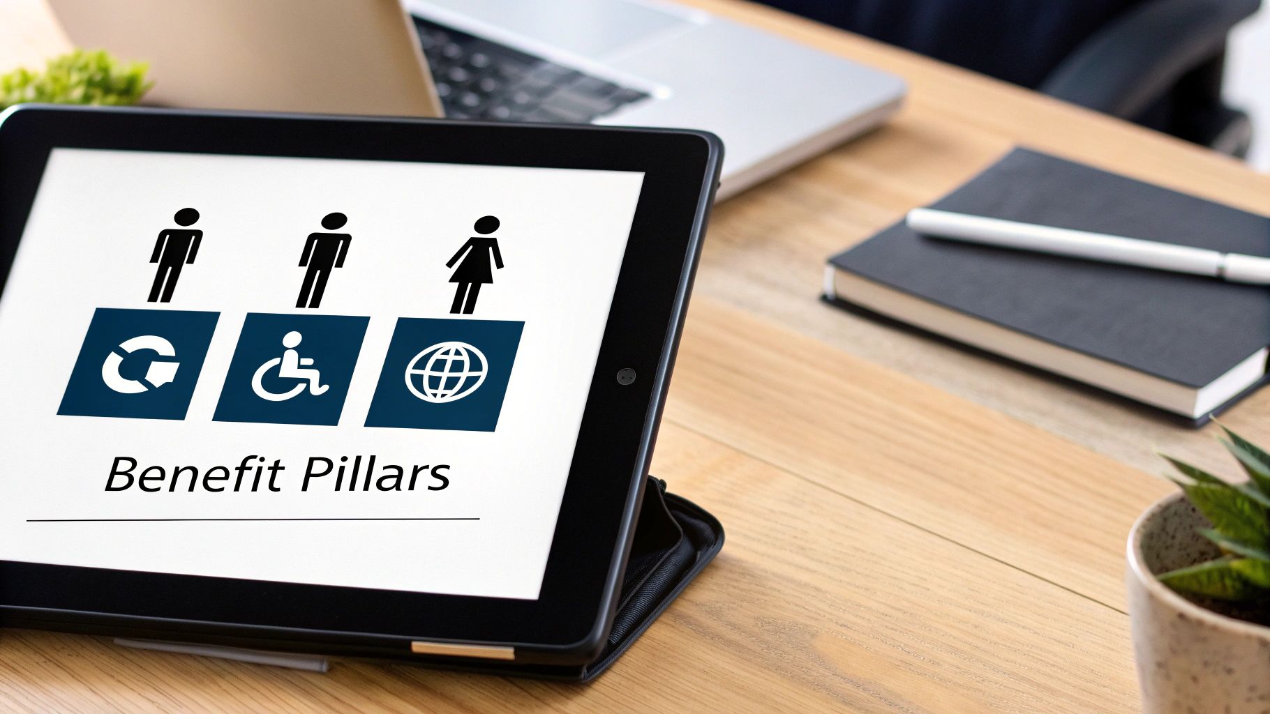Tablet displaying 'Benefit Pillars' with icons for general, disability, and global benefits on a desk.