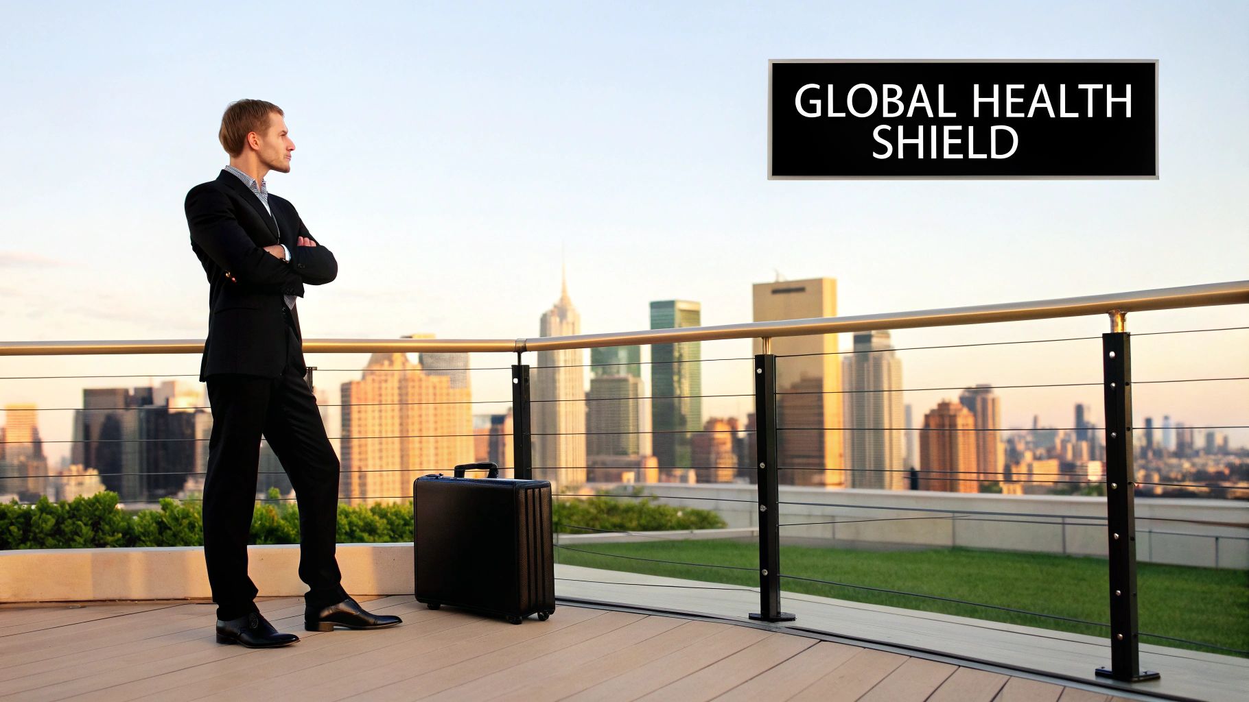 A businessman stands on a rooftop deck overlooking a city skyline, next to a sign "GLOBAL HEALTH SHIELD".