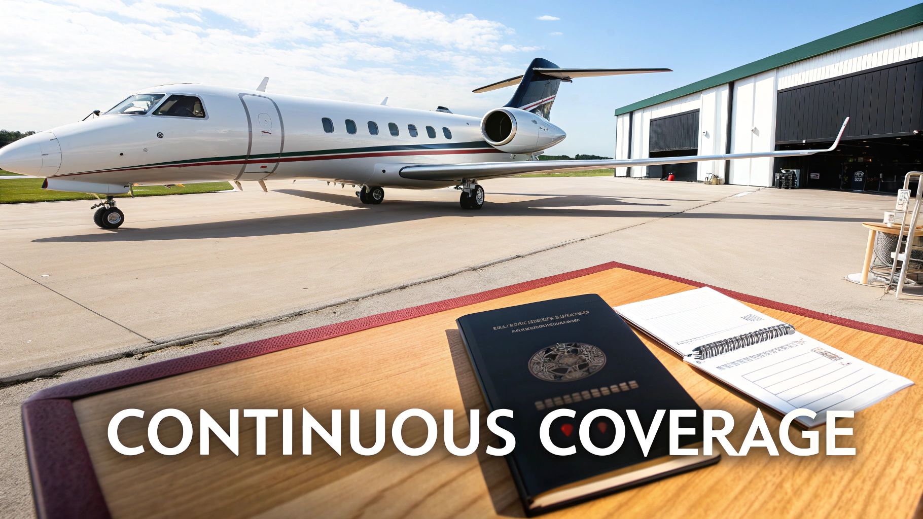 A sleek white private jet on an airport tarmac, with a hangar and travel documents on a table.