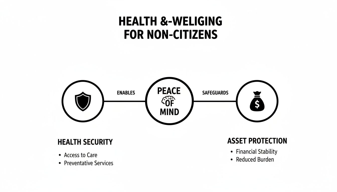 Diagram illustrating health security enabling peace of mind, which safeguards asset protection for non-citizens.