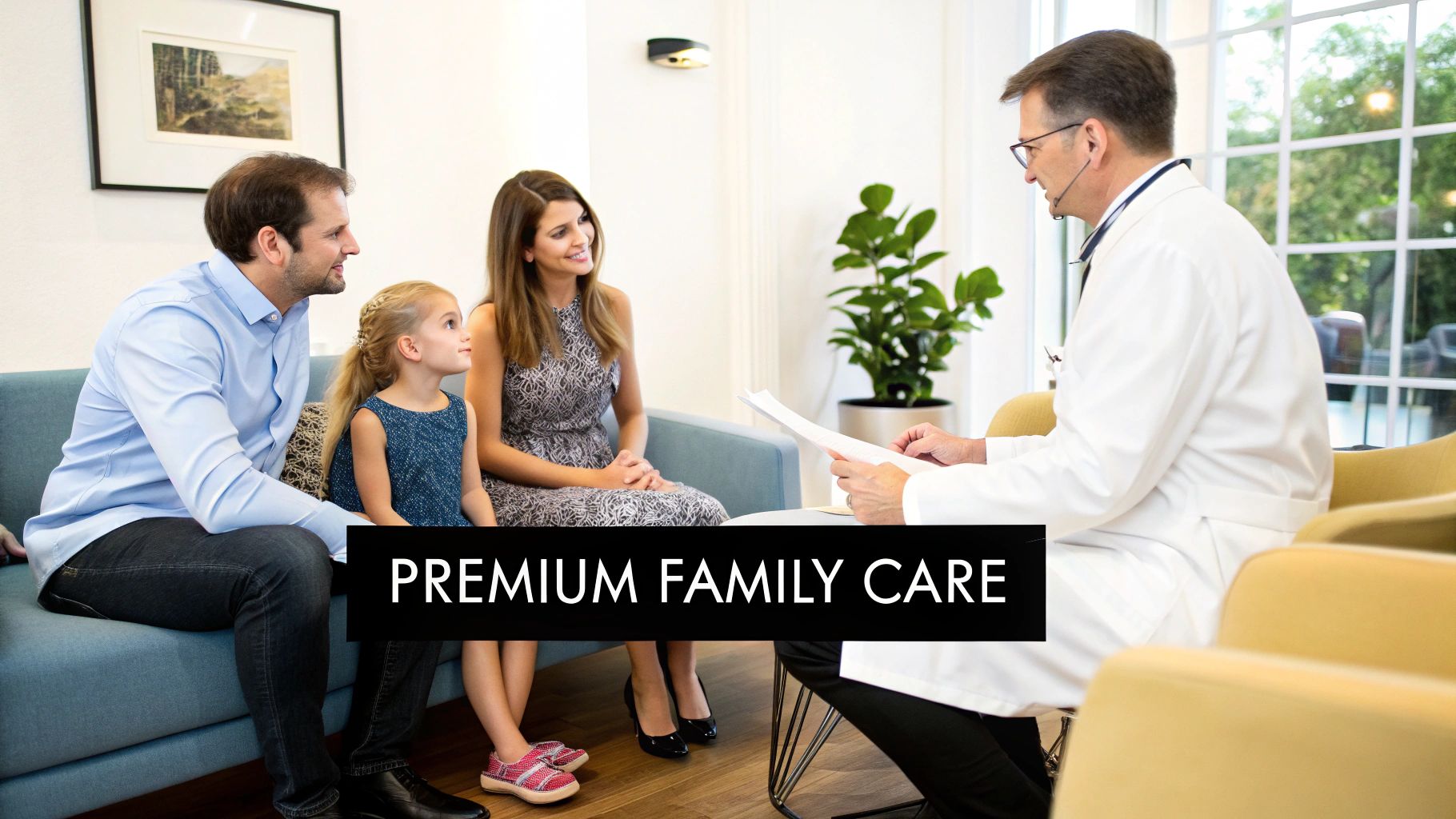 A doctor consults with a family (father, mother, and young daughter) in a modern, welcoming clinic setting.