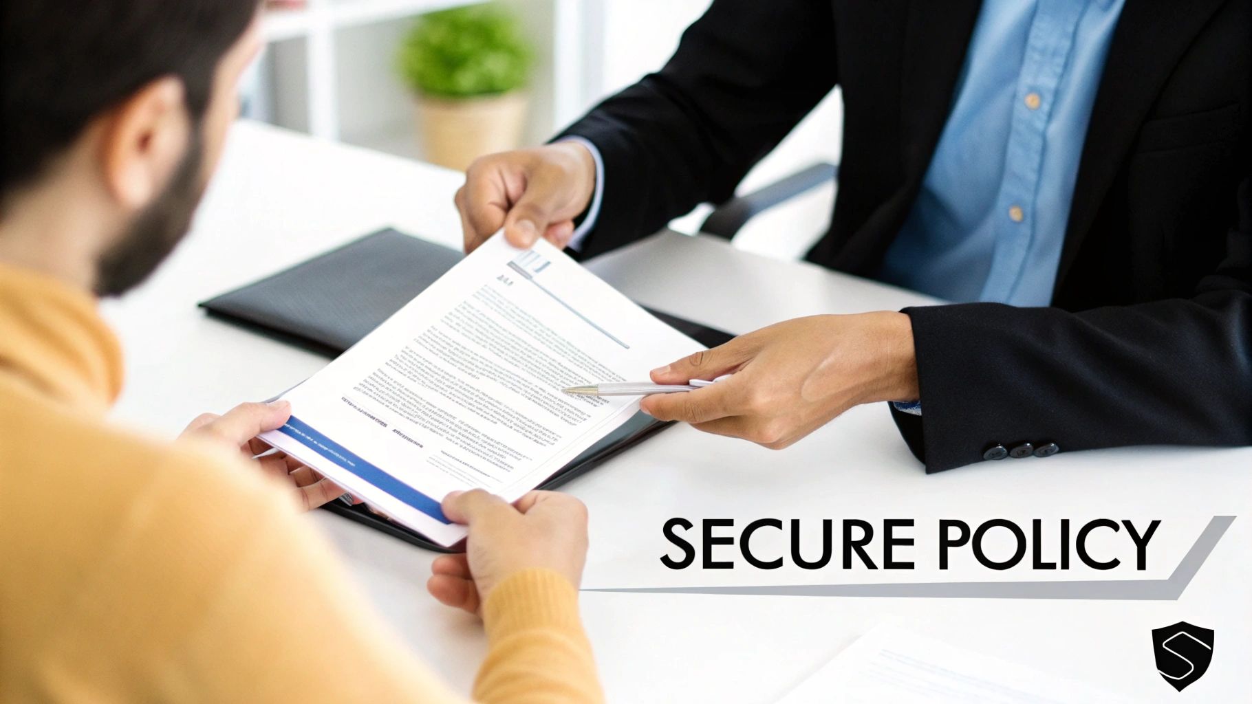A professional in a suit hands a document and pen to a client for signing, emphasizing a secure policy.