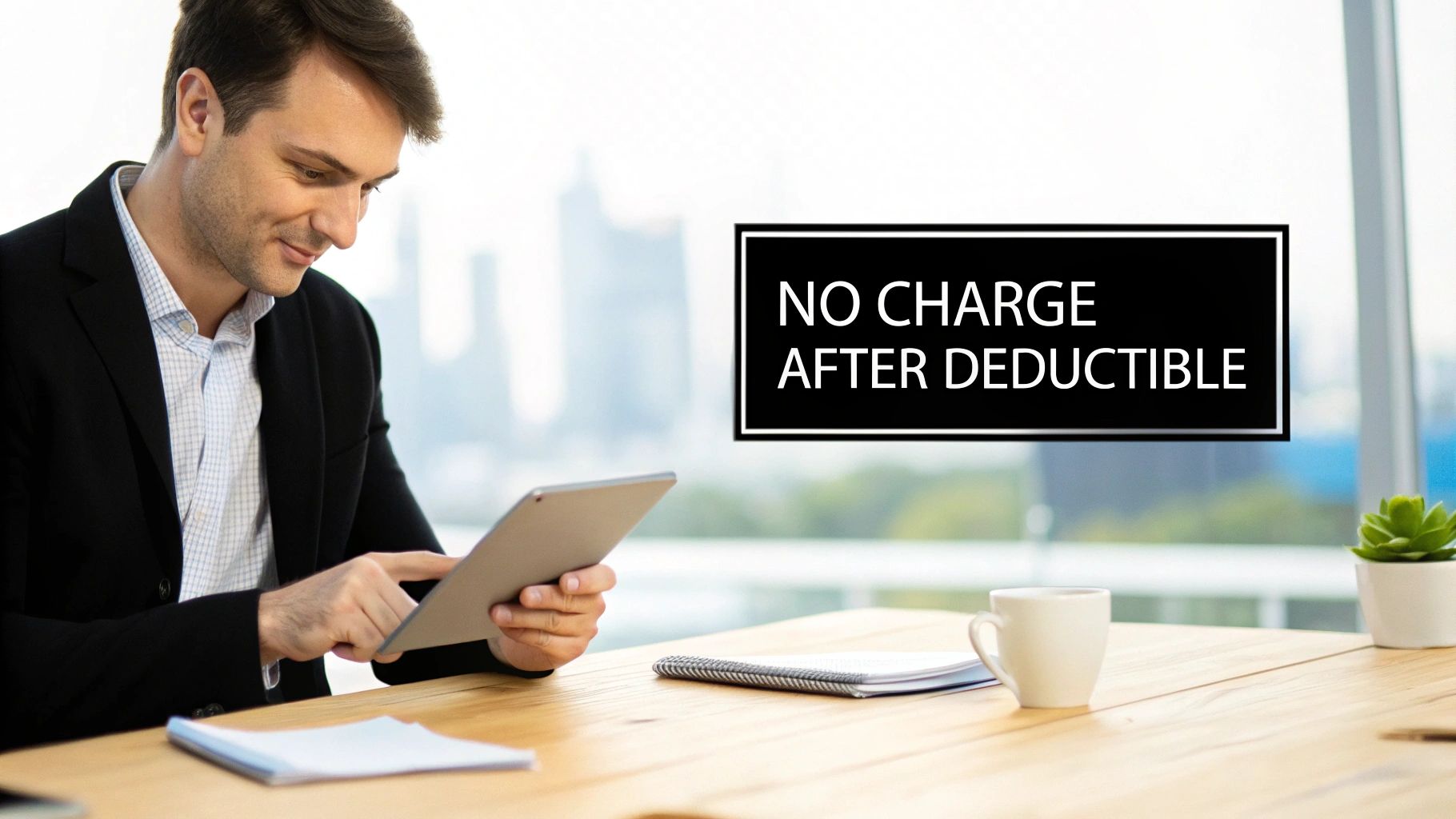 A professional man smiles while using a tablet at a wooden desk with office items, and text overlay.