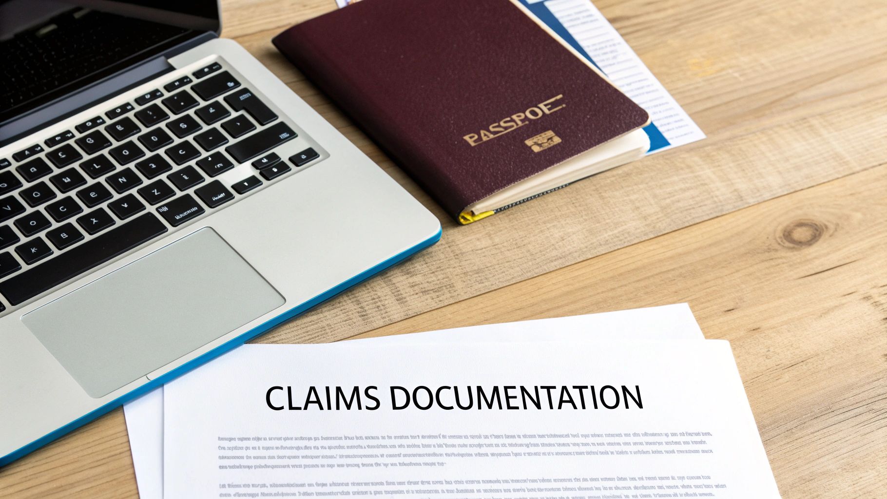 Laptop, passport, and claims documentation on a wooden desk, suggesting travel or insurance claims.