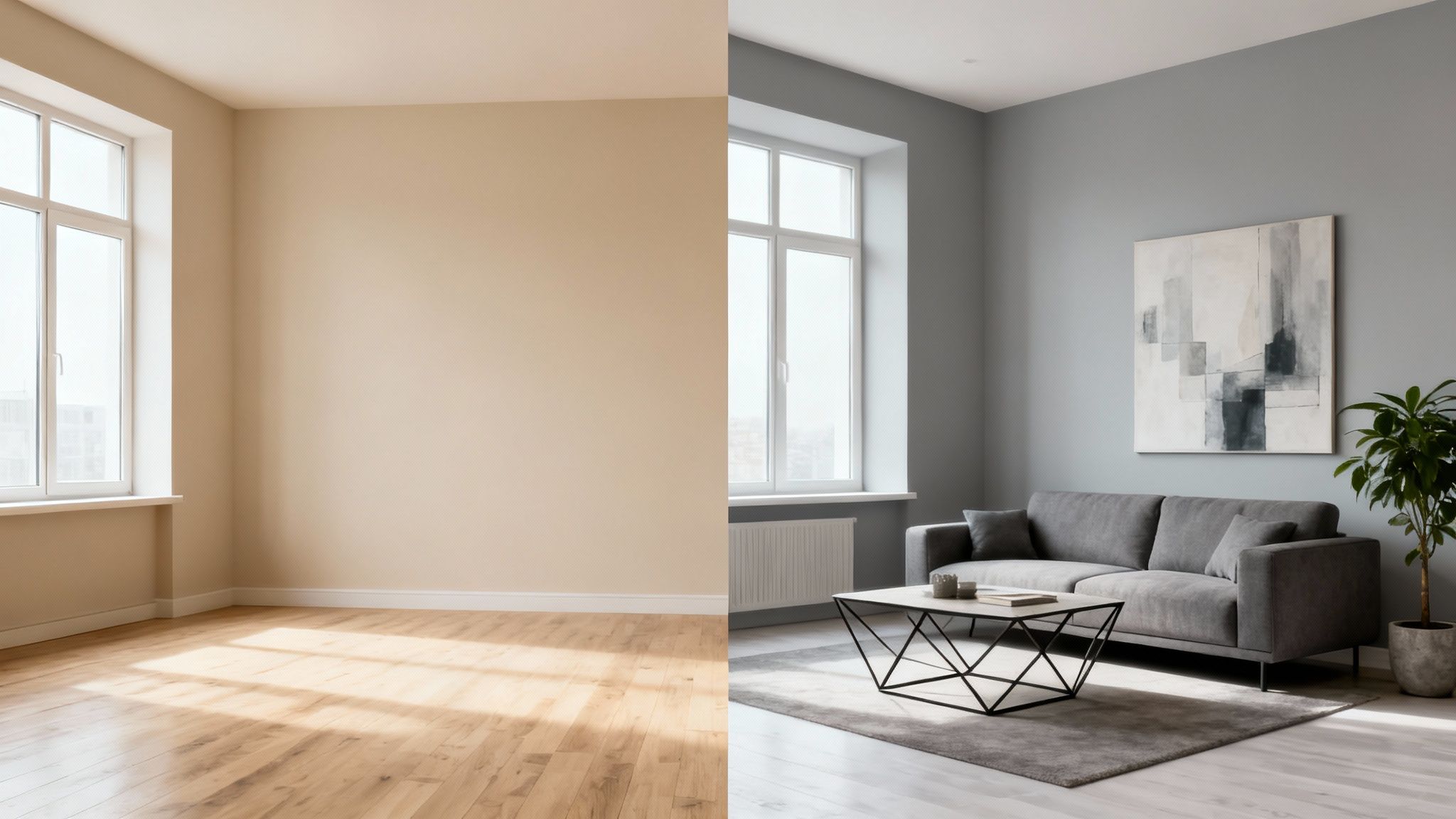 A split image showing an empty, sunlit room on the left and a modern grey living room on the right.