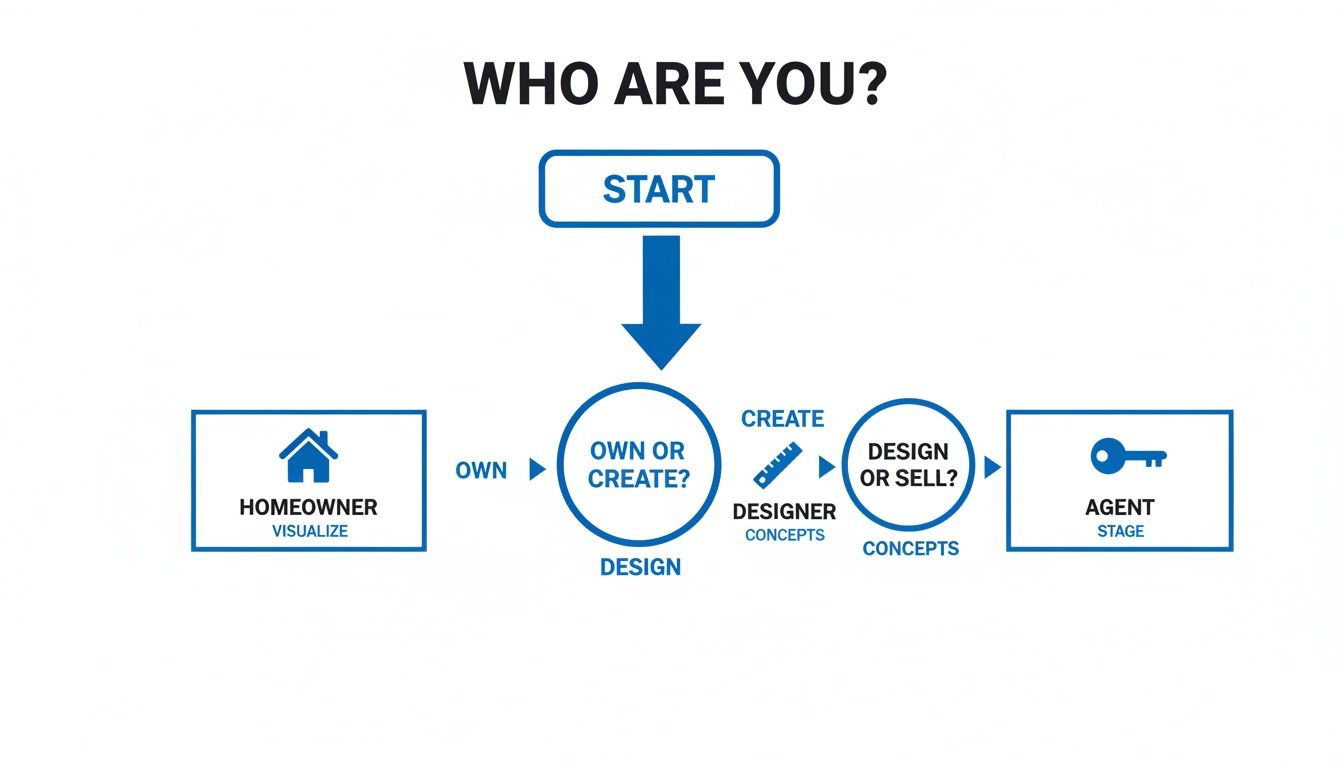 Flowchart asking 'Who are you?', guiding users through roles like Homeowner, Designer, or Agent.
