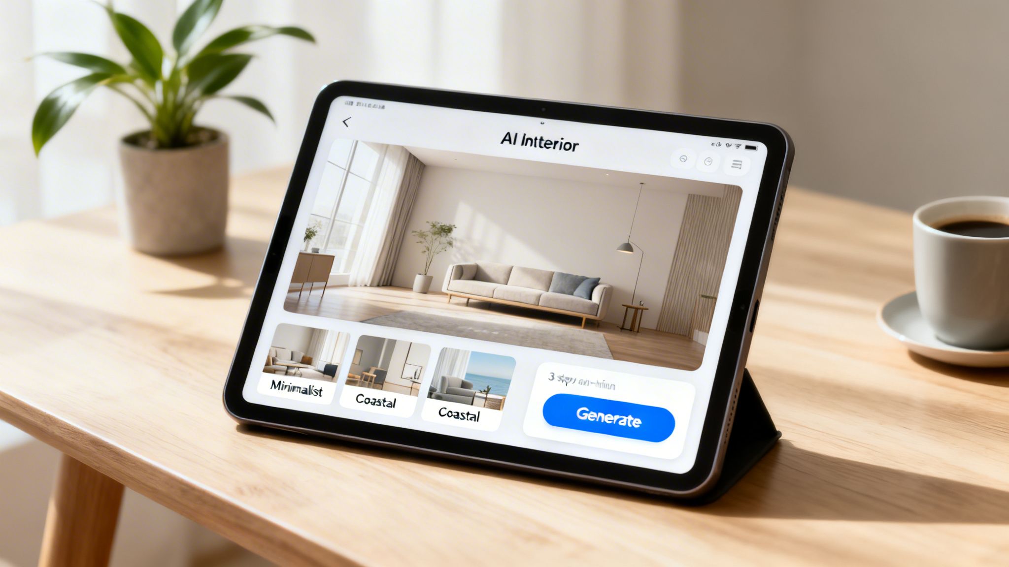 Tablet on a wooden table displaying an AI interior design app with a modern living room.