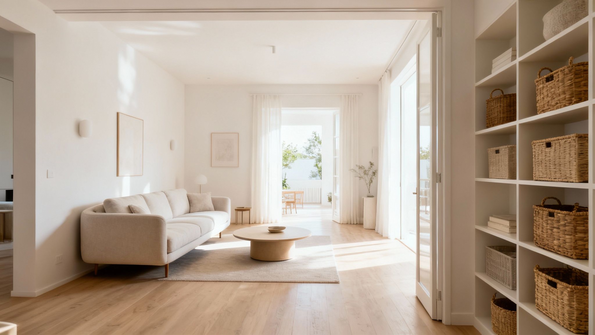A bright, minimalist living room with a cream sofa, round coffee table, and a white shelving unit.